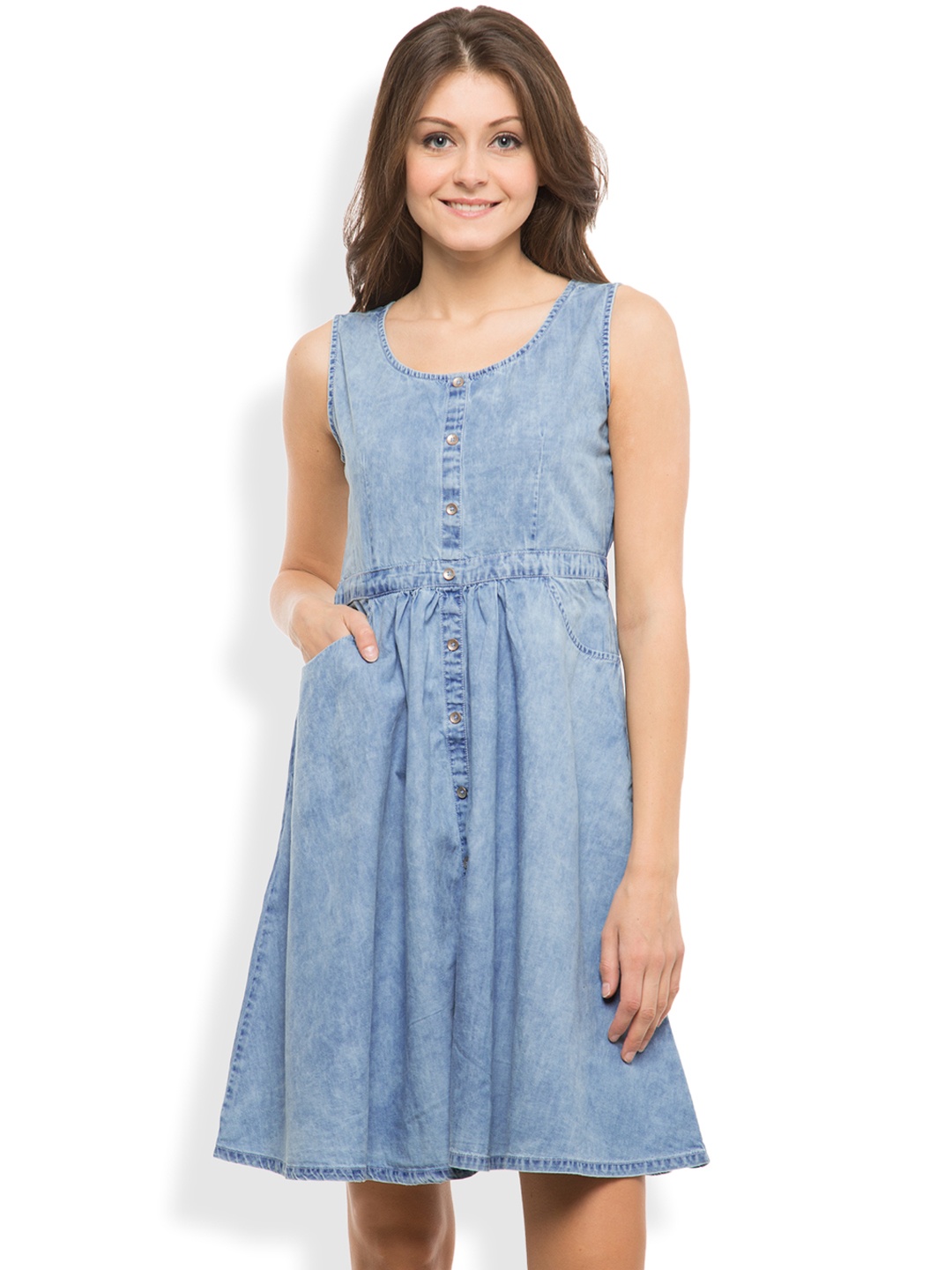 

Tokyo Talkies Women Blue Solid Denim A-Line Dress
