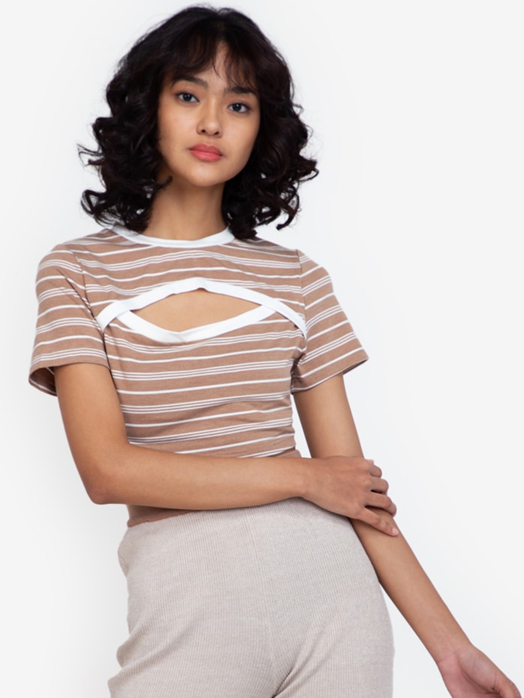 

ZALORA BASICS Multicoloured Striped Keyhole Neck Top, Brown