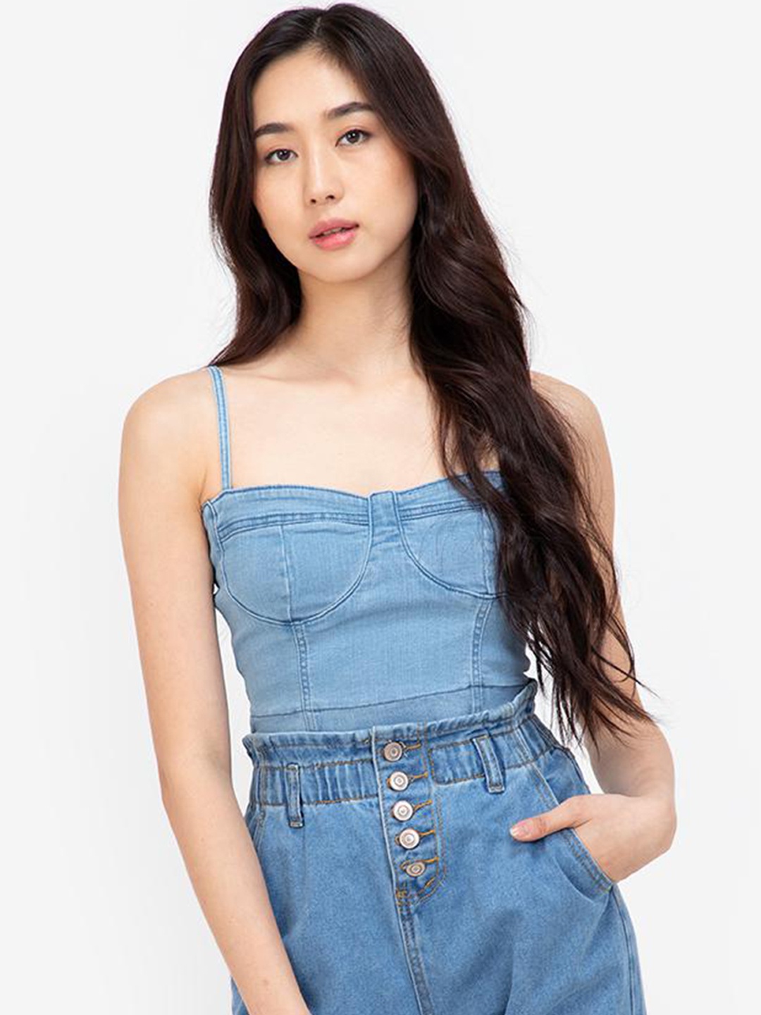 

ZALORA BASICS Blue Denim Crop Fitted Top