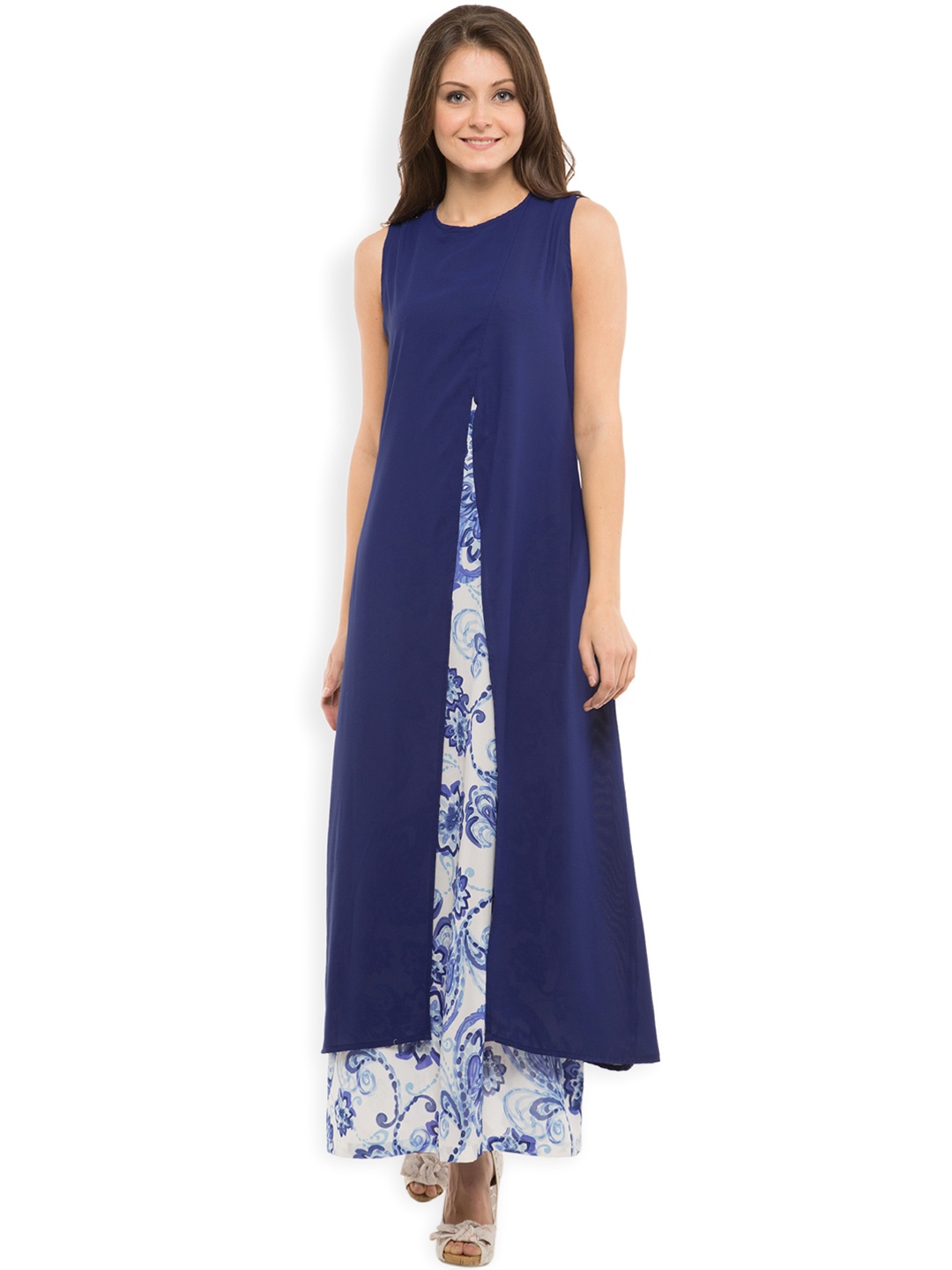 

Tokyo Talkies Women Blue & White Printed Layered Maxi Dress