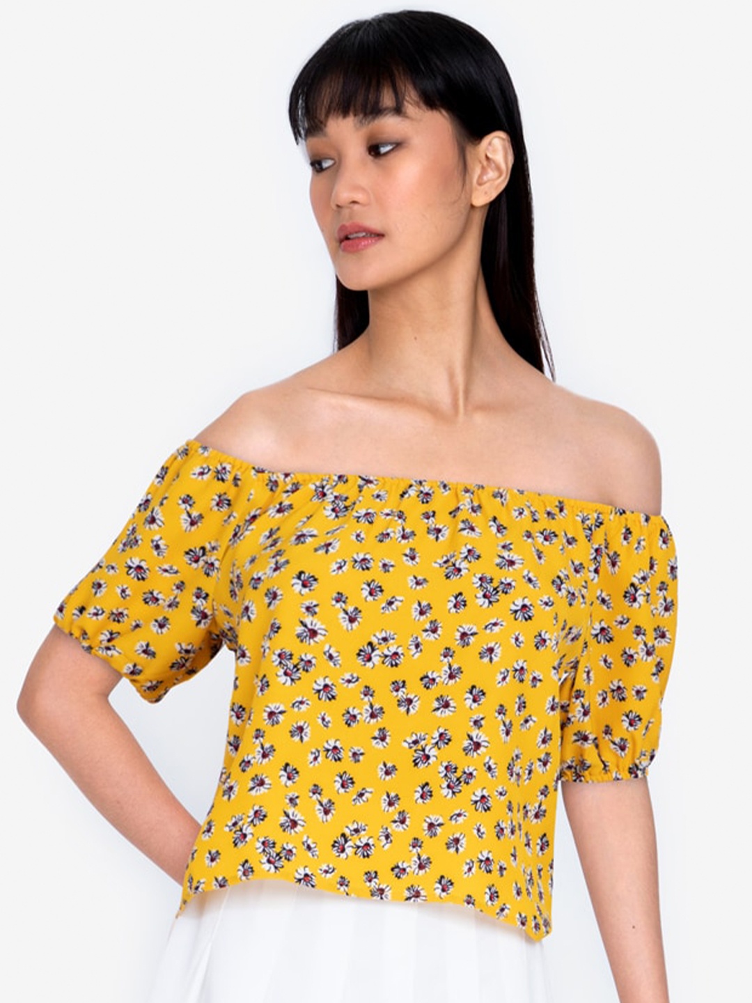

ZALORA BASICS Yellow & Black Floral Print Off-Shoulder Bardot Top