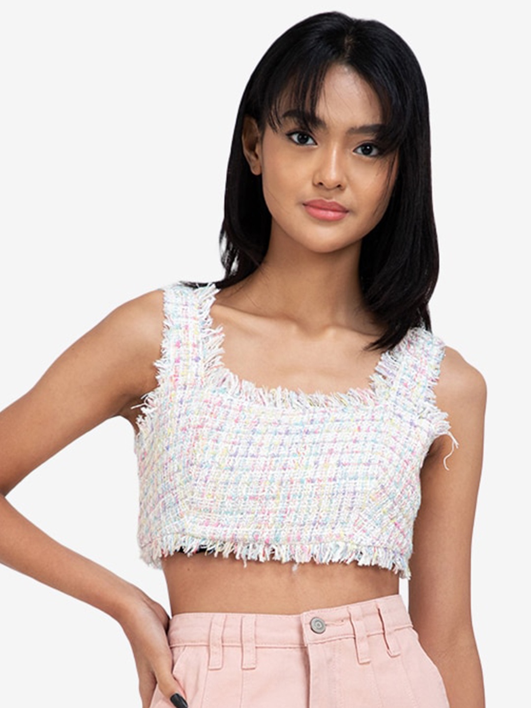 

ZALORA BASICS Women White Self Designed Crop Top