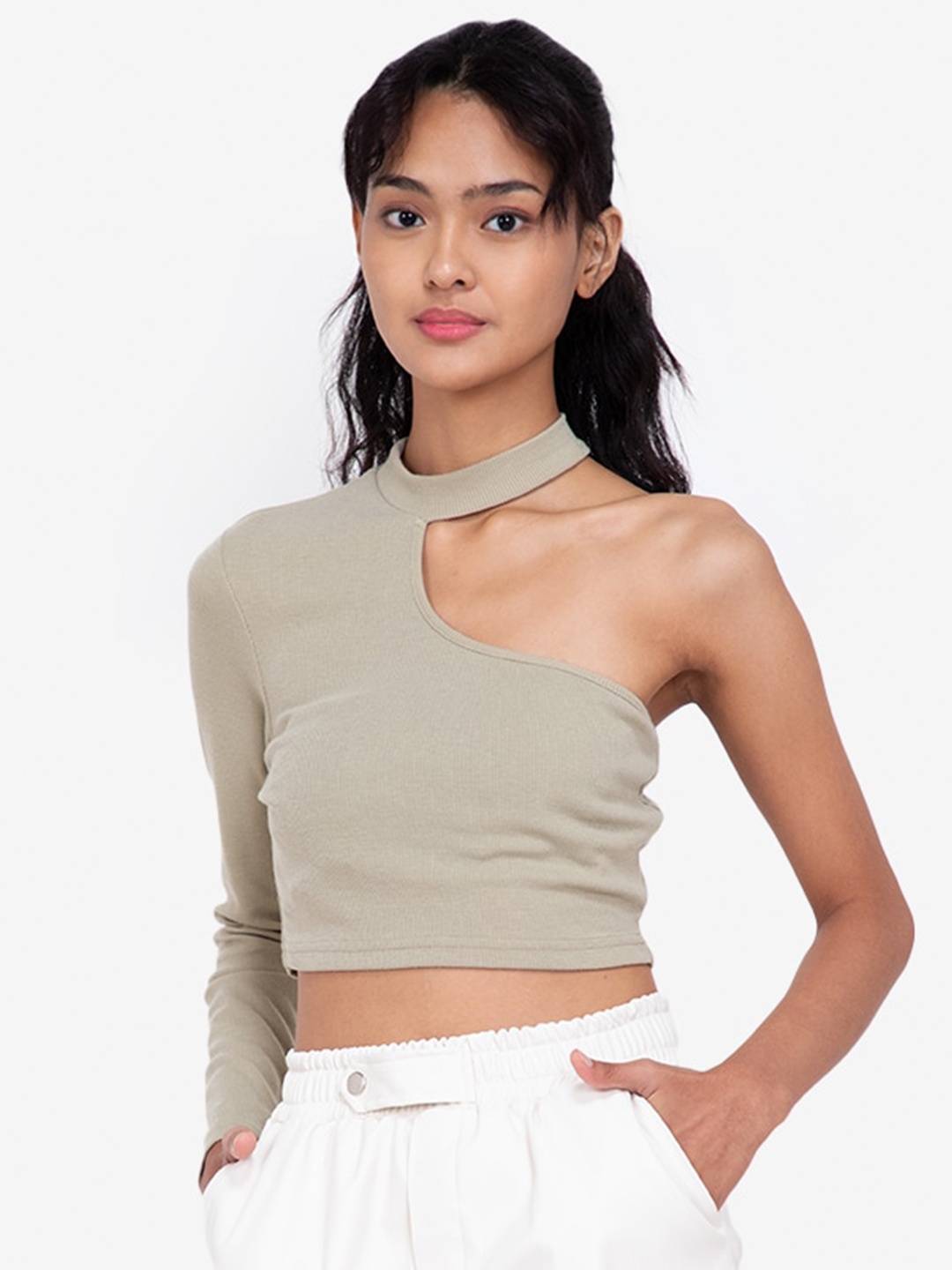 

ZALORA BASICS Green One Shoulder Styled Back Crop Top