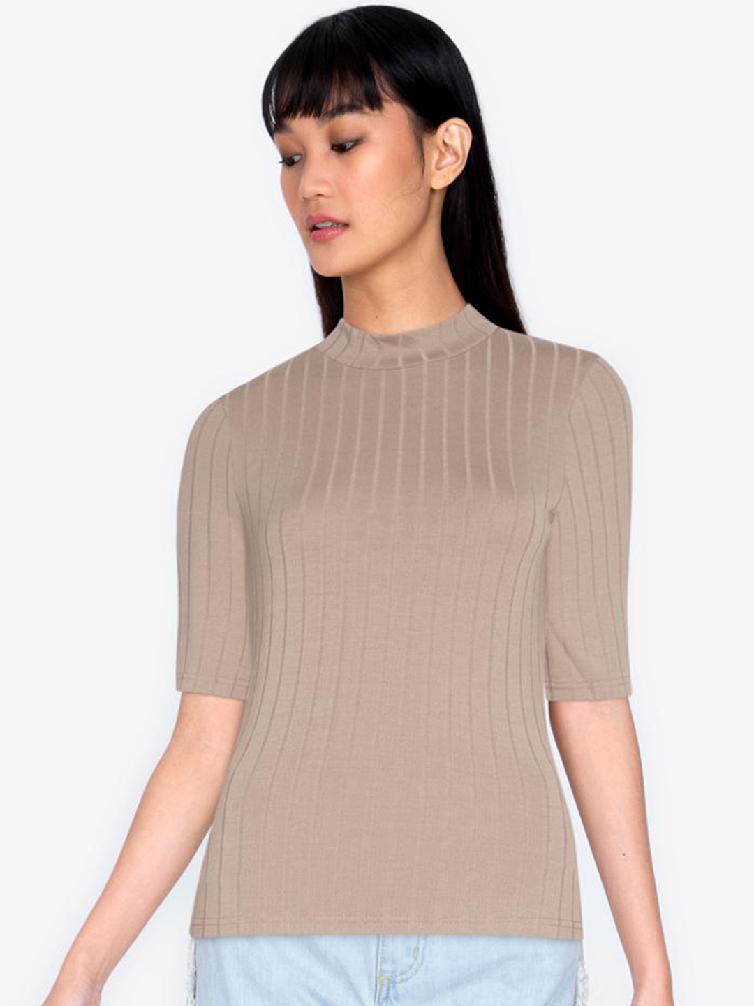 

ZALORA BASICS Women Beige Basic High Neck Ribbed Top