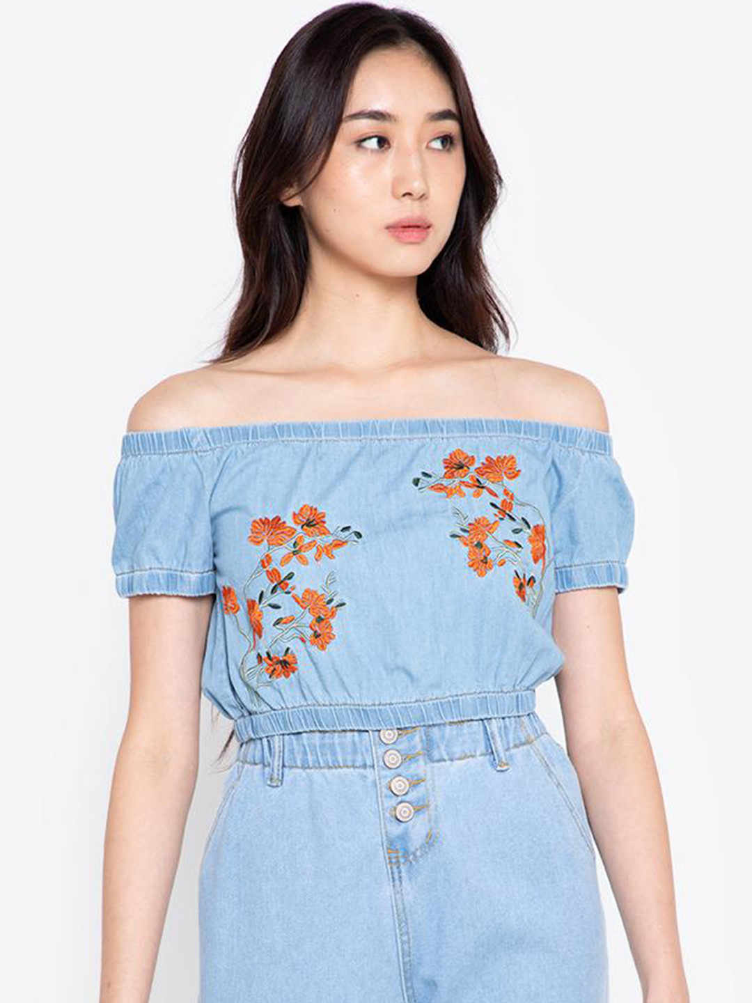 

ZALORA BASICS Blue Floral Embroidered Off-Shoulder Denim Bardot Top