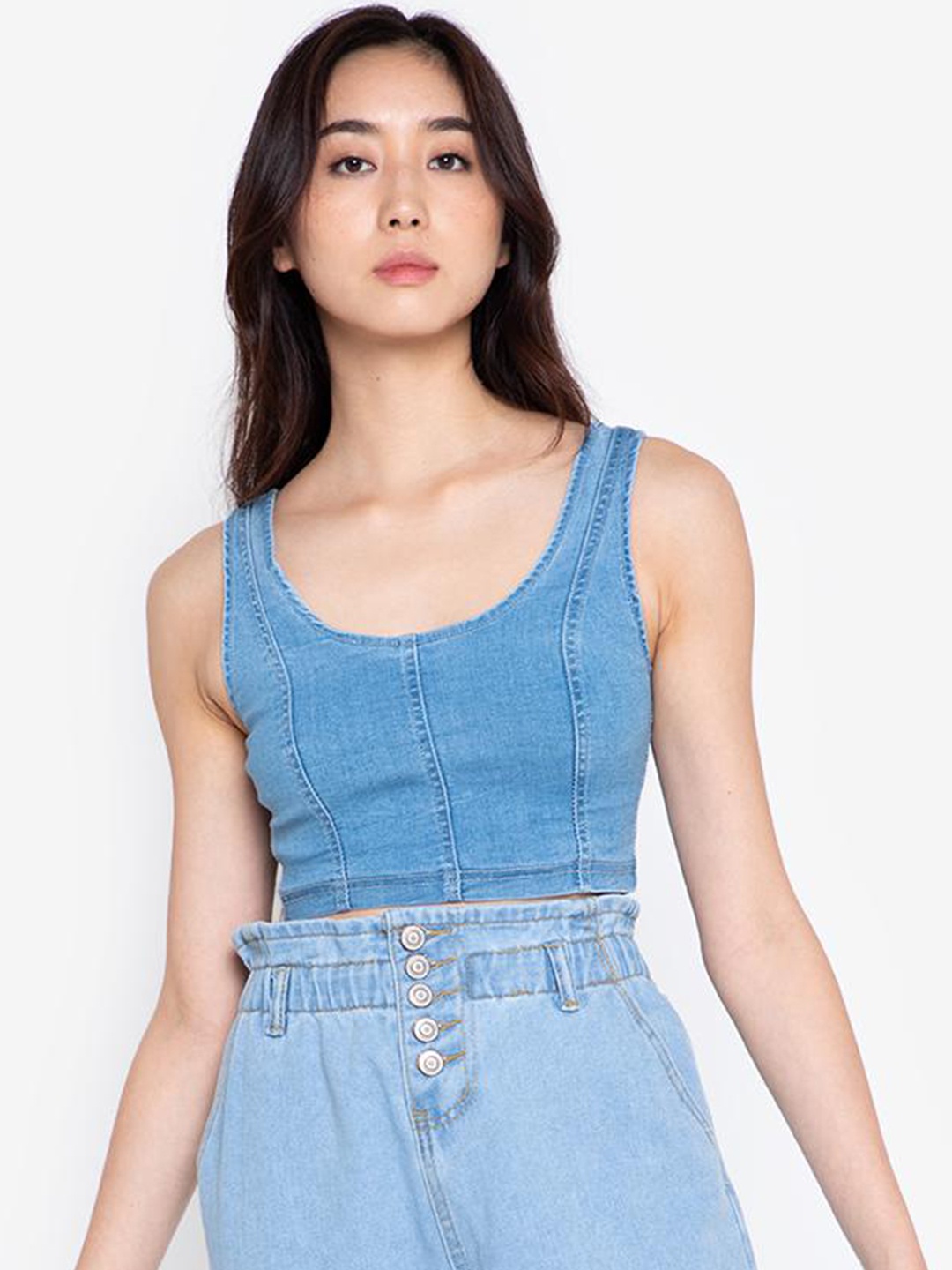 

ZALORA BASICS Blue Denim Panelled Crop Top