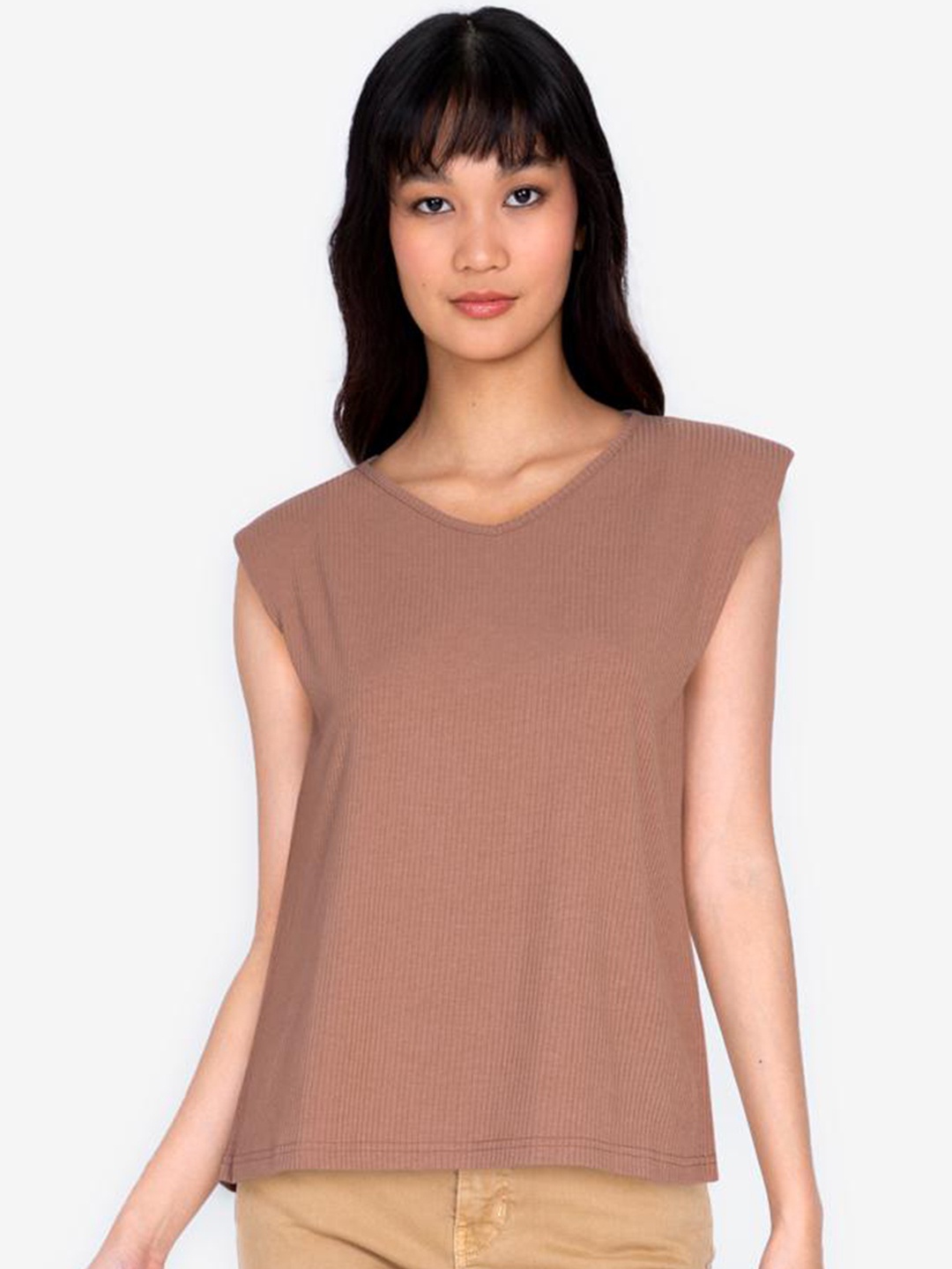 

ZALORA BASICS Brown Rib V Neck Top