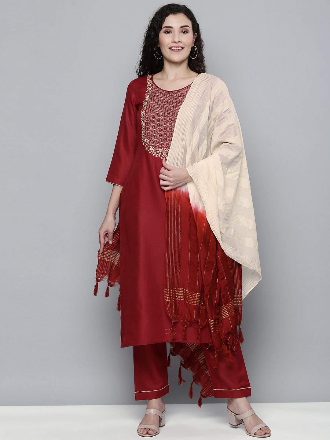 

Kvsfab Women Maroon Embroidered Mirror Work Kurta with Trousers & Dupatta