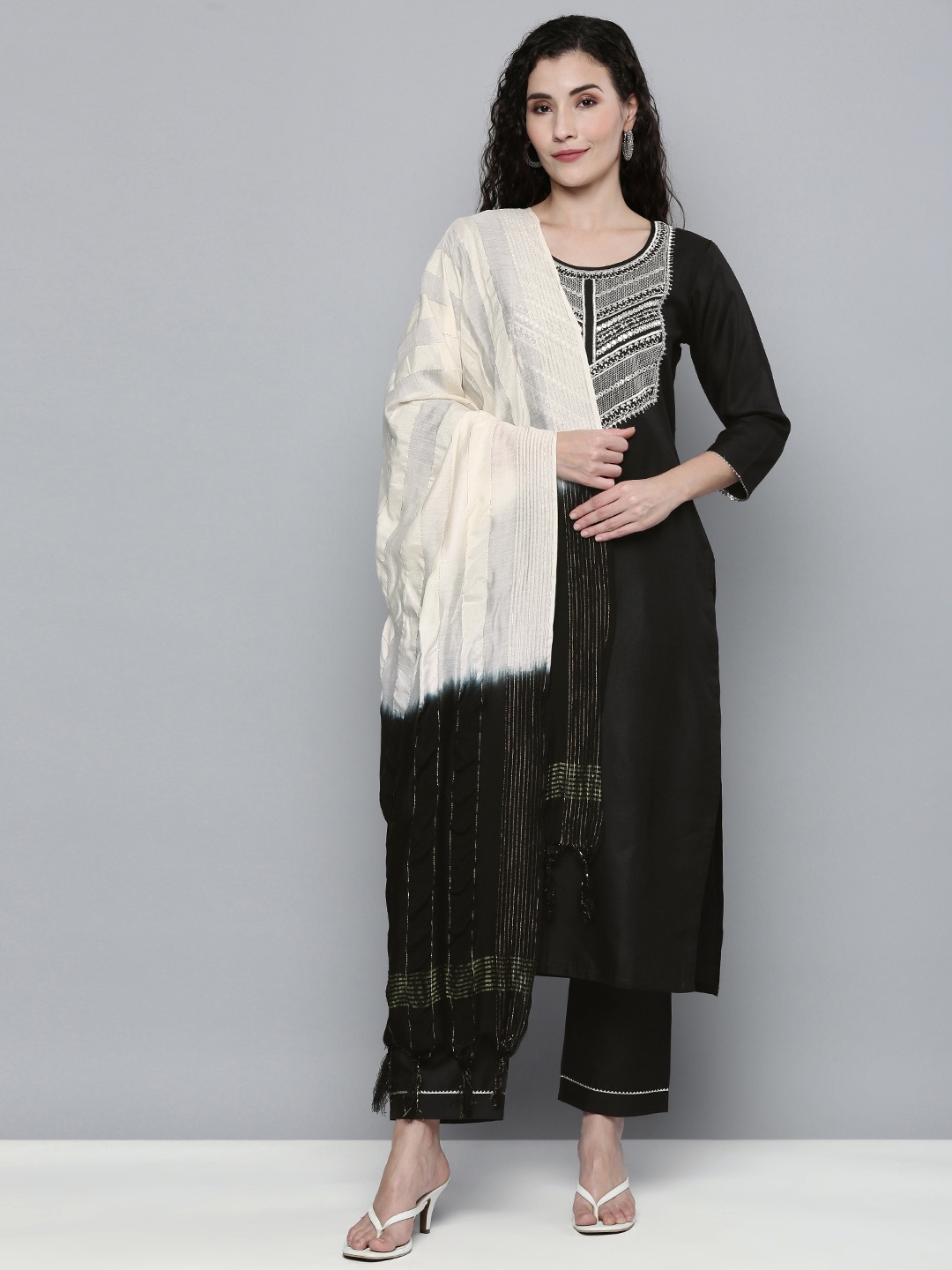

Kvsfab Women Black Embroidered Mirror Work Kurta with Trousers & Dupatta