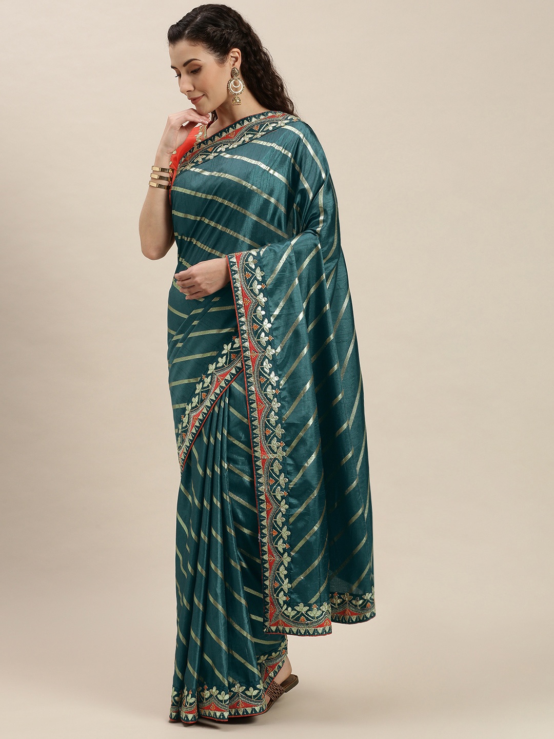 

Amrutam Fab Green & Gold-Toned Striped Gotta Patti Silk Cotton Leheriya Saree