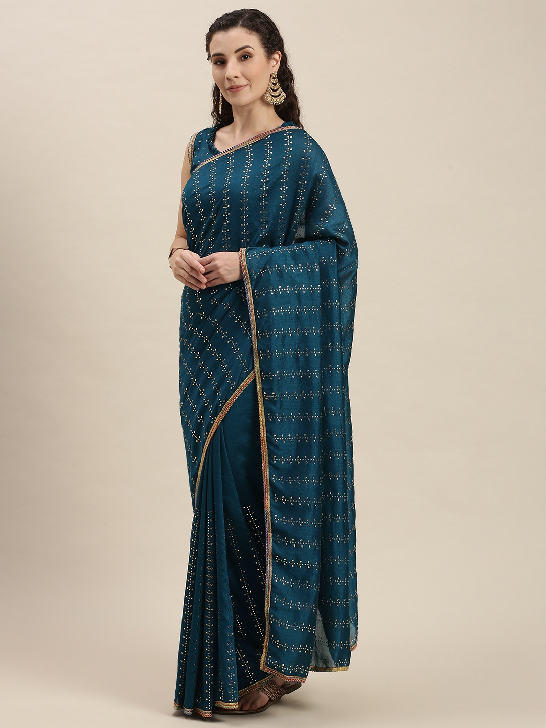 

Amrutam Fab Blue & Gold-Toned Beads and Stones Embridered Art Silk Saree