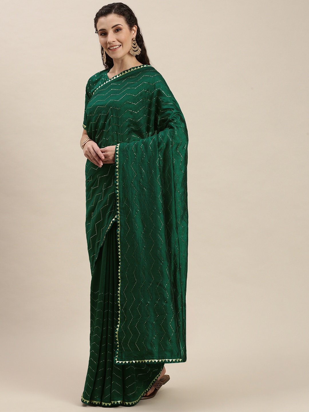 

Amrutam Fab Green Beads and Stones Embroidered Art Silk Saree