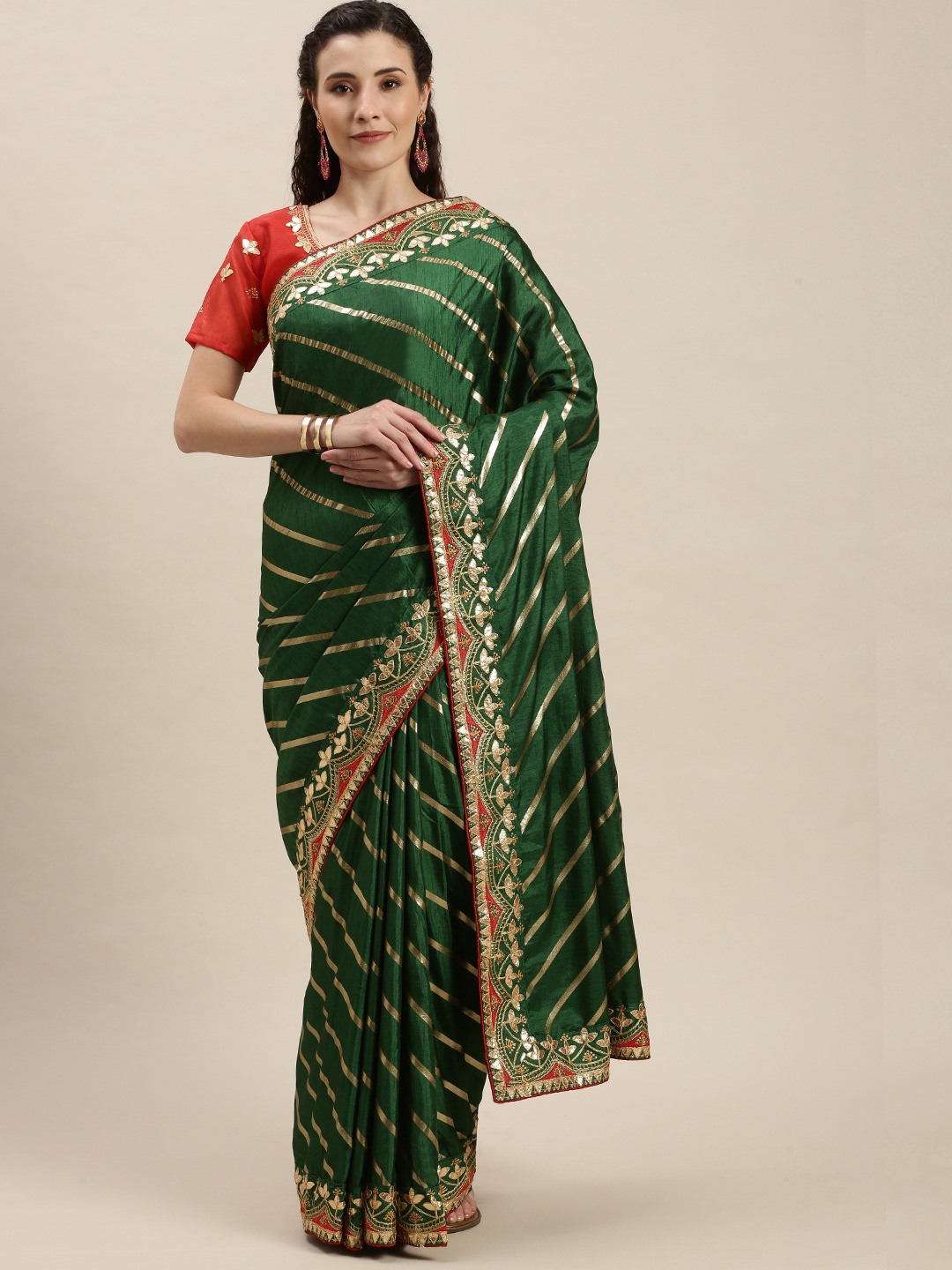 

Amrutam Fab Green & Cream-Coloured Gotta Patti Silk Cotton Leheriya Saree