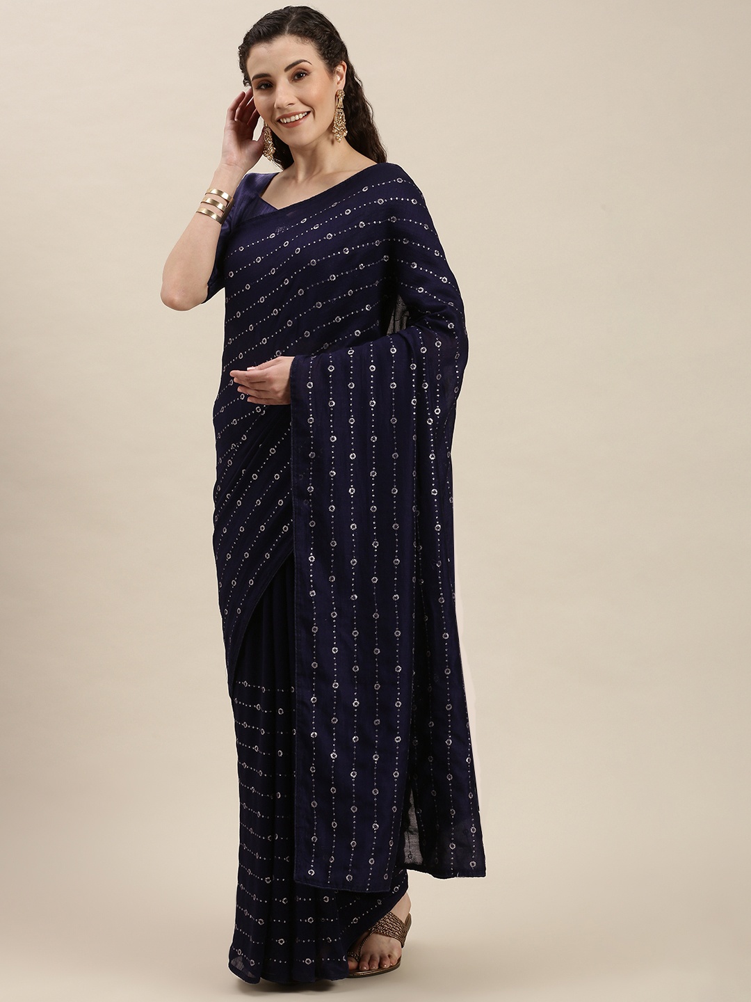 

Amrutam Fab Navy Blue & Silver-Toned Sequin Emrboidered Silk Cotton Saree