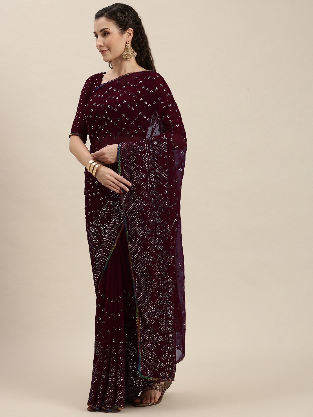 

Amrutam Fab Purple & Silver-Toned Beads and Stones Embroidered Pure Georgette Saree