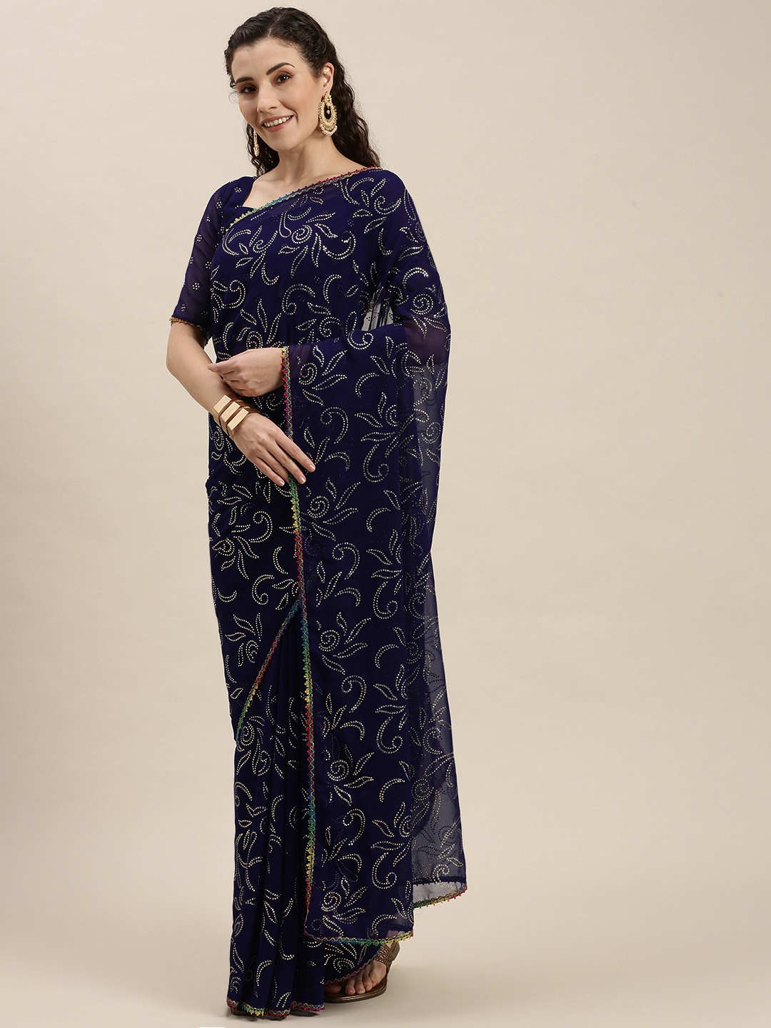 

Amrutam Fab Blue & Silver-Toned Beads and Stones Embroidered Pure Georgette Saree