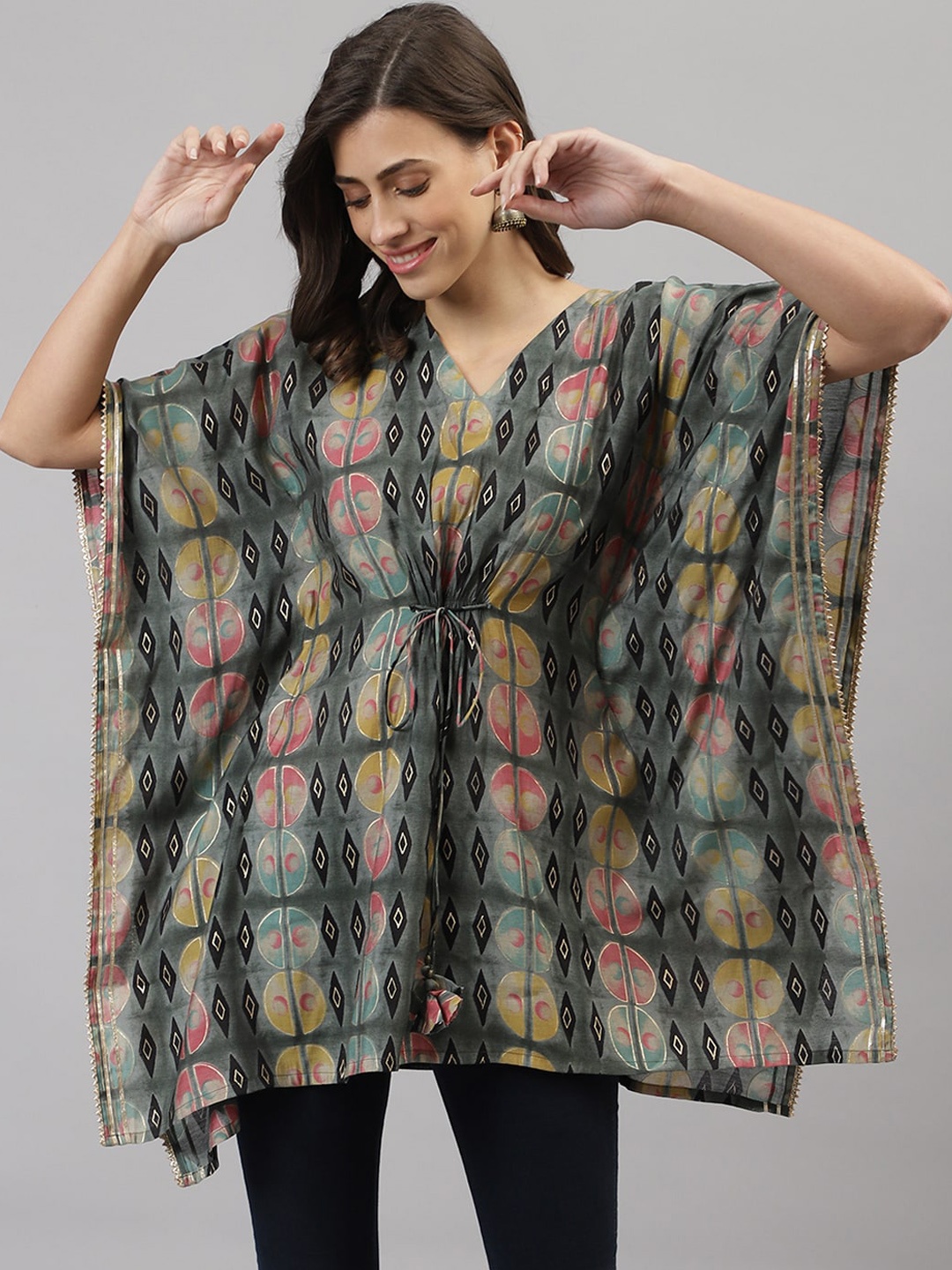 

TANKHI Women Grey & Yellow Geometric Printed Kaftan Kurta