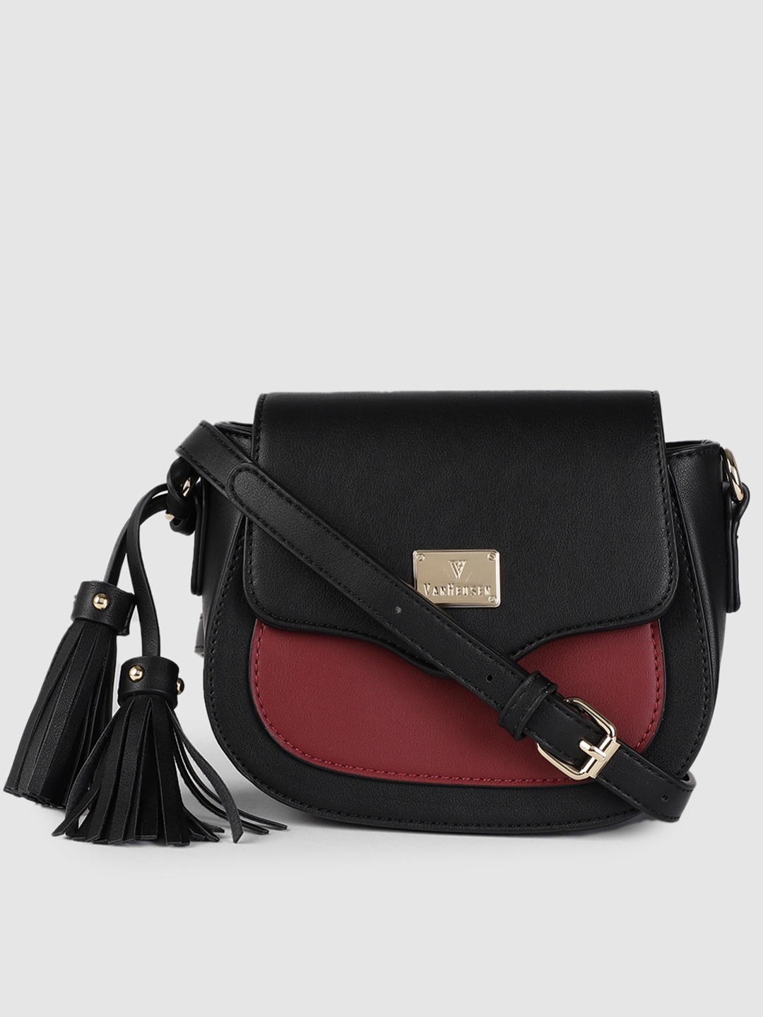 

Van Heusen Black & Burgundy Solid PU Regular Half Moon Sling Bag with Tasselled Detail