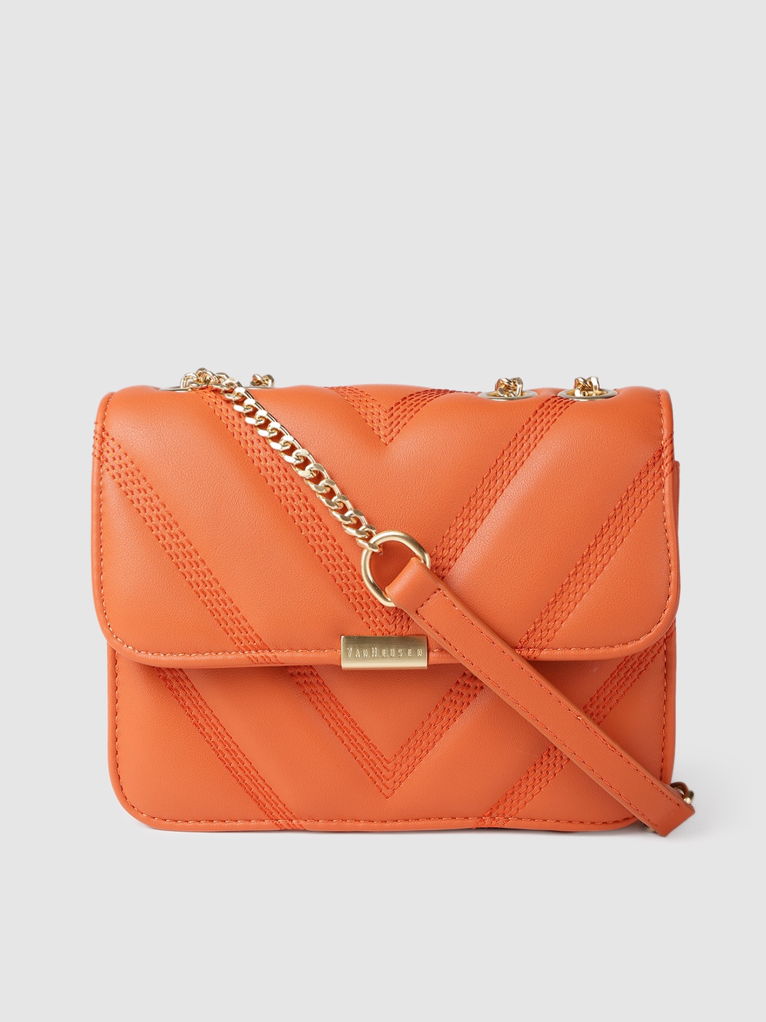 

Van Heusen Orange Geometric Self Design PU Structured Sling Bag with Quilted Detail