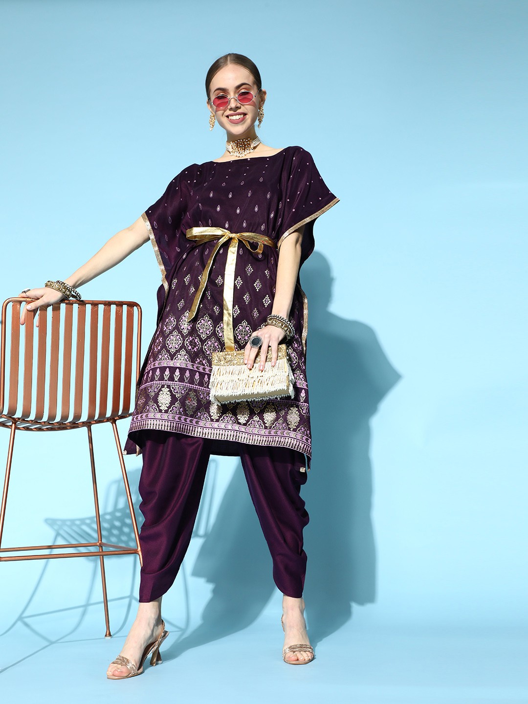 

ZIYAA Floral Poly-Silk Dhoti Kurta Set, Purple