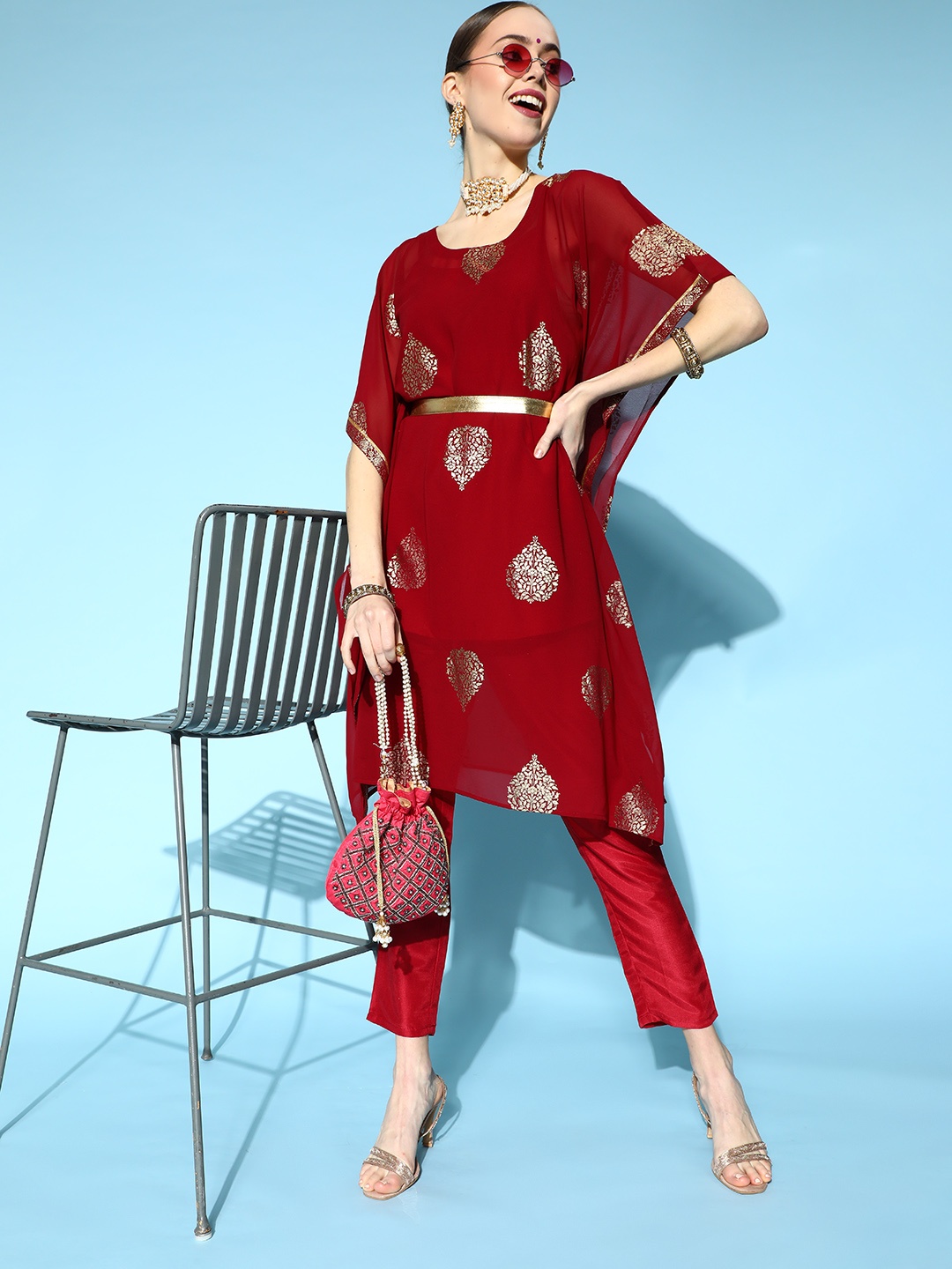

ZIYAA Ethnic Motifs Poly-Georgette Kaftan Kurta Set, Maroon