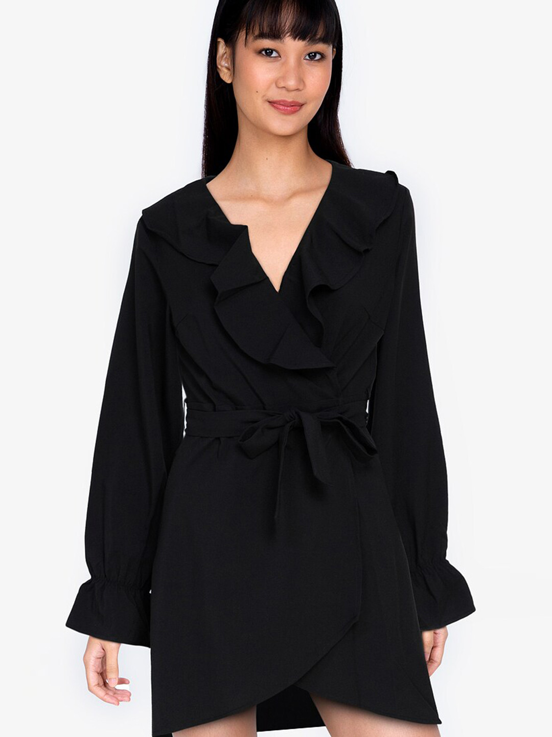 

ZALORA BASICS Black Ruffle Detailed Neck Wrap Dress
