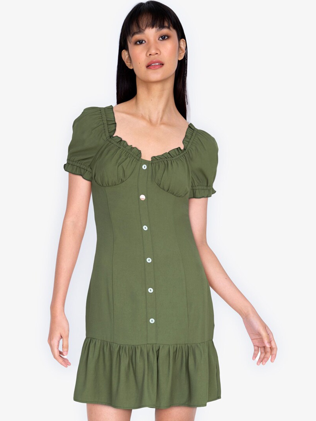 

ZALORA BASICS Women Green Solid Flutter Hem Button Front Mini Dress