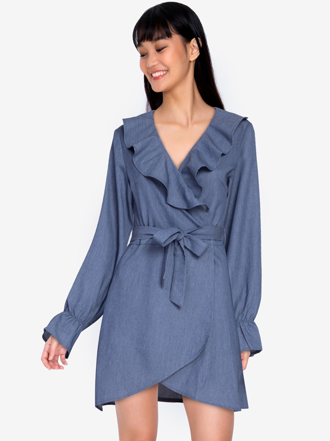 

ZALORA BASICS Women Blue Ruffle Detail Long Sleeve Wrap Mini Dress