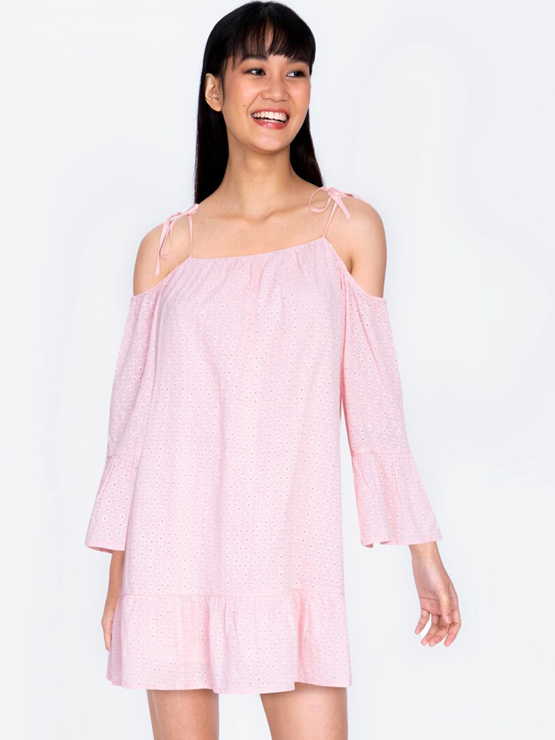 

ZALORA BASICS Pink & White Floral Off-Shoulder Drop-Waist Dress