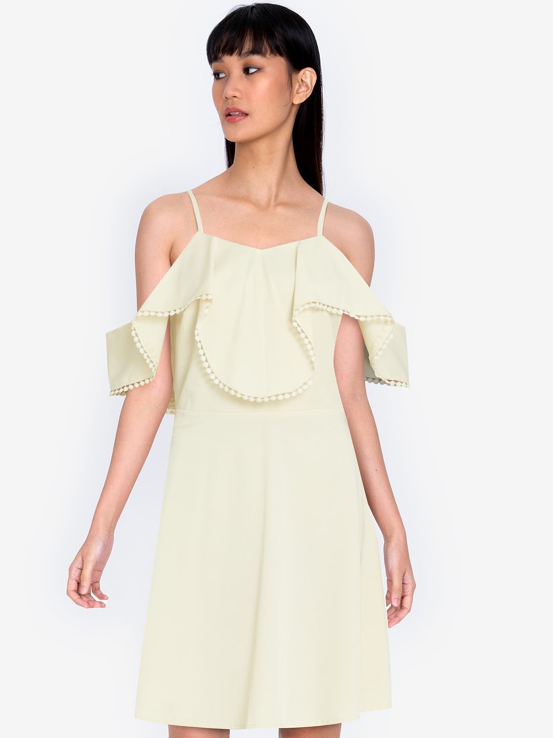 

ZALORA BASICS Beige Solid Cold Shoulder Above Knee A-Line dress