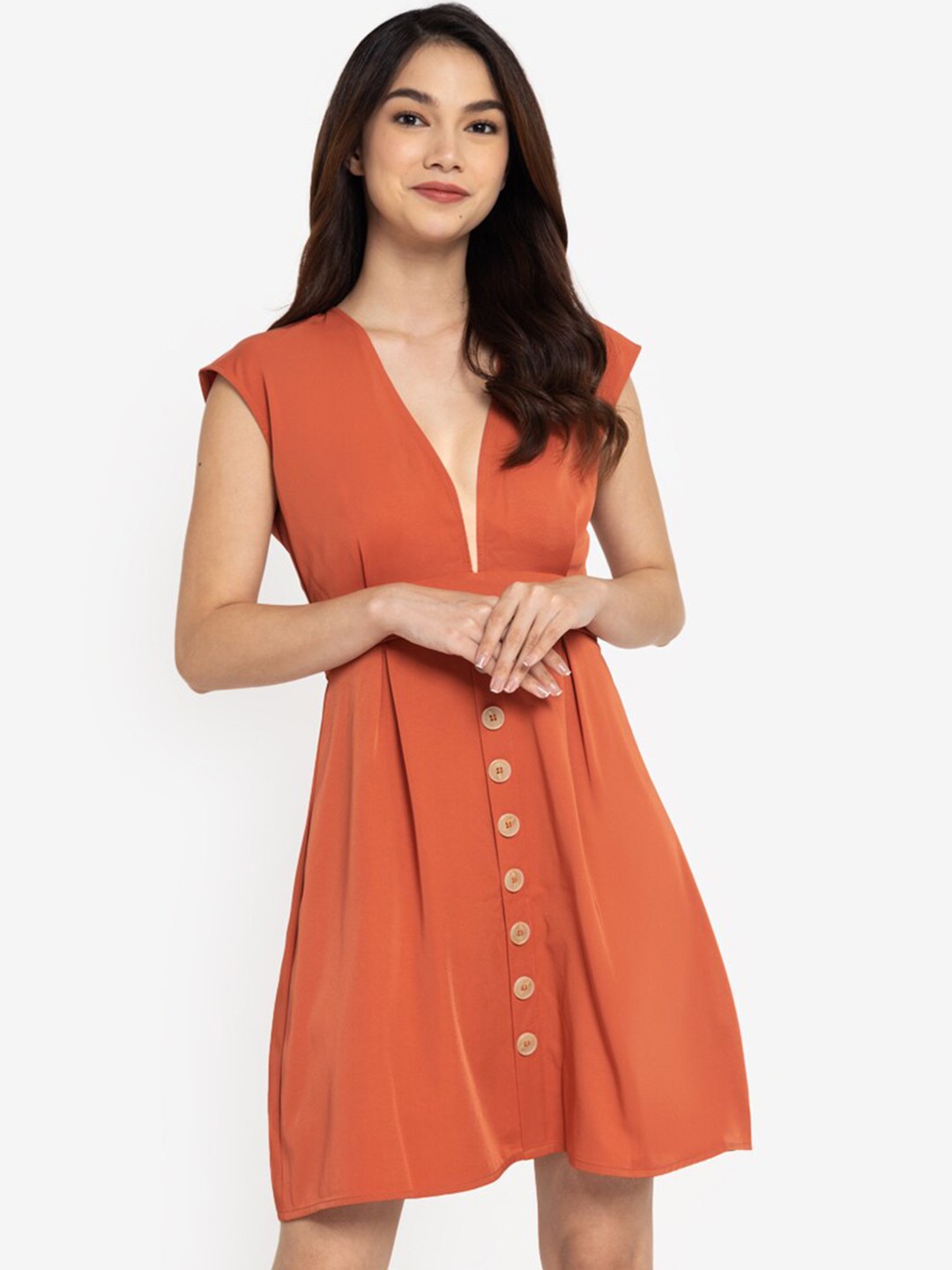 

ZALORA BASICS Orange A-Line Plunge Neck Tie Back Mini Dress