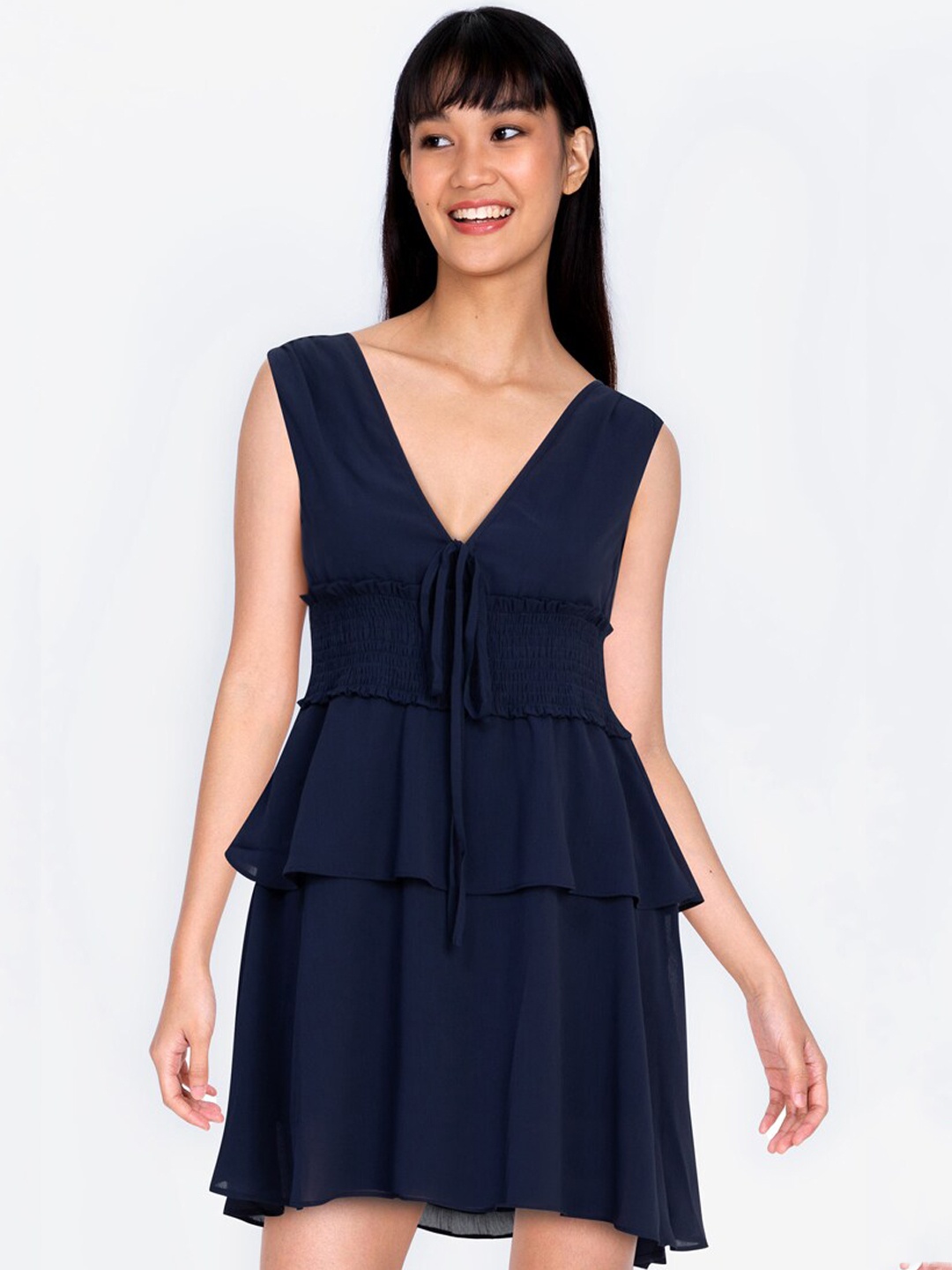 

ZALORA BASICS Navy Blue Deep V Neck Layered Smocked Detailed A-Line Mini Dress