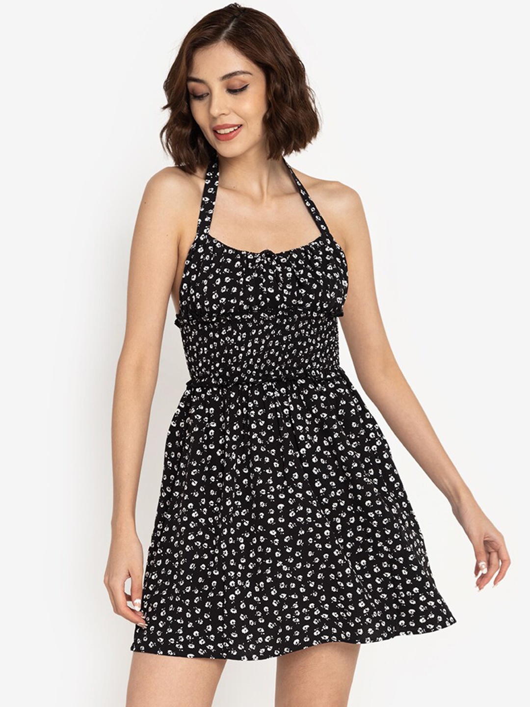 

ZALORA BASICS Black Floral Printed Halter Neck Smocked Waist Mini Dress