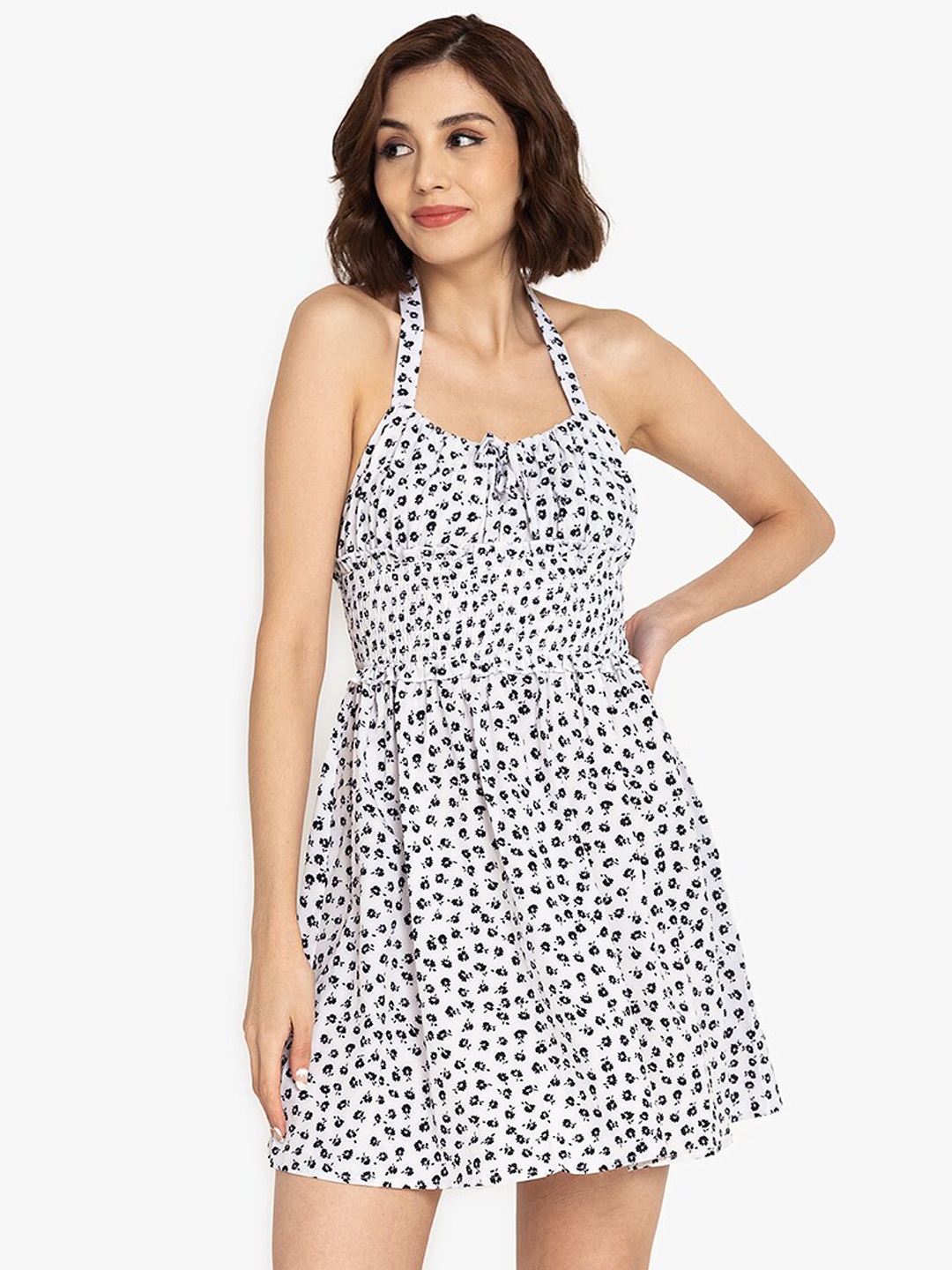 

ZALORA BASICS White & Black Printed Smocked Waist Dress