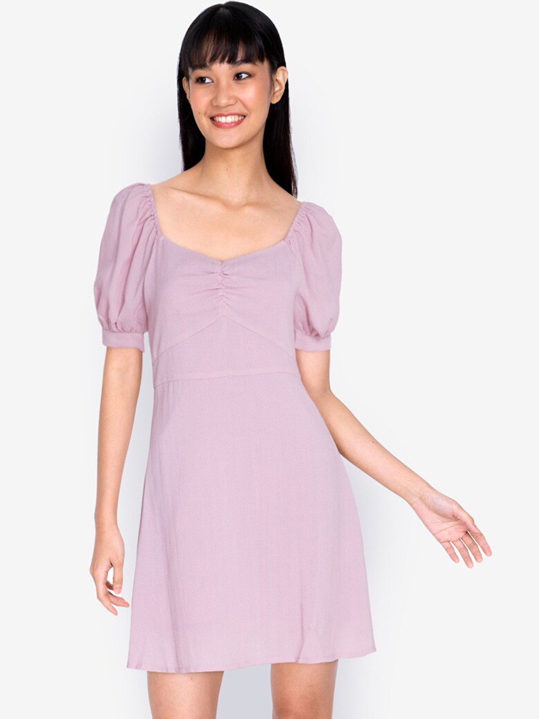 

ZALORA BASICS Women Purple Gathered Front Puff Sleeve A Line Midi Dress