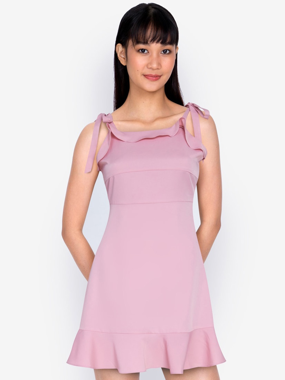 

ZALORA BASICS Tie Strap Ruffle Trim Dress, Pink