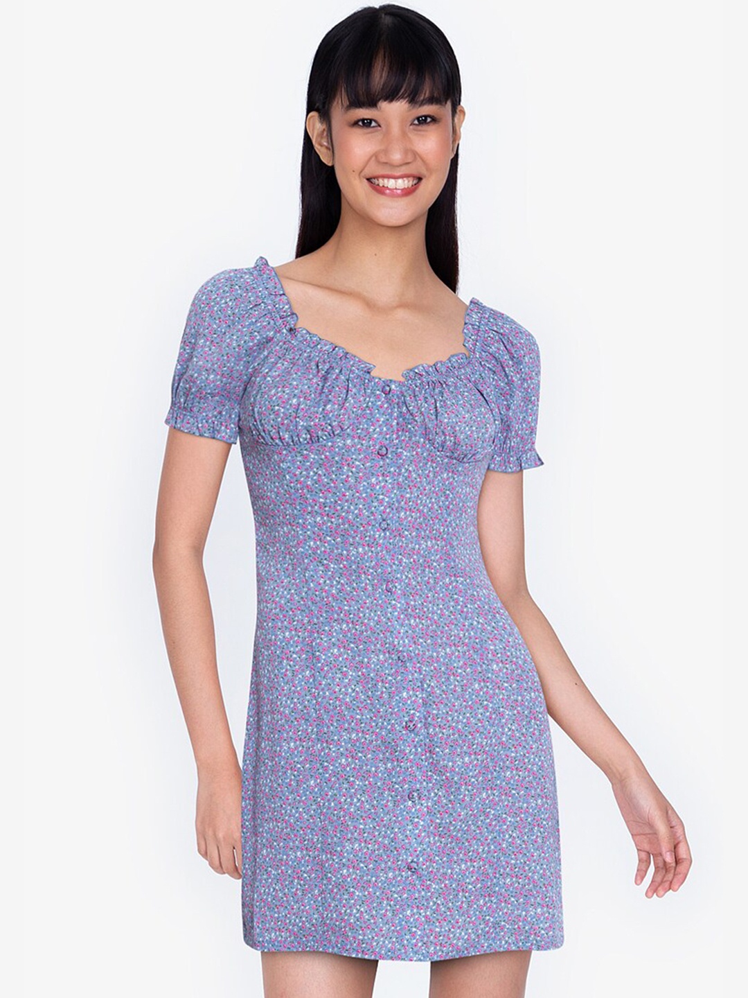 

ZALORA BASICS Purple & White Button Front Floral A-Line Dress