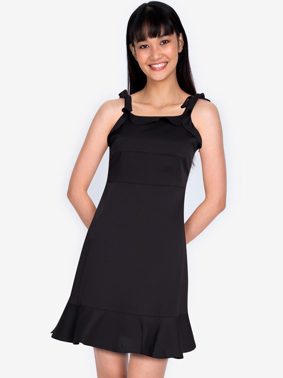 

ZALORA BASICS Black Tie Strap Ruffle Trim A-Line Dress
