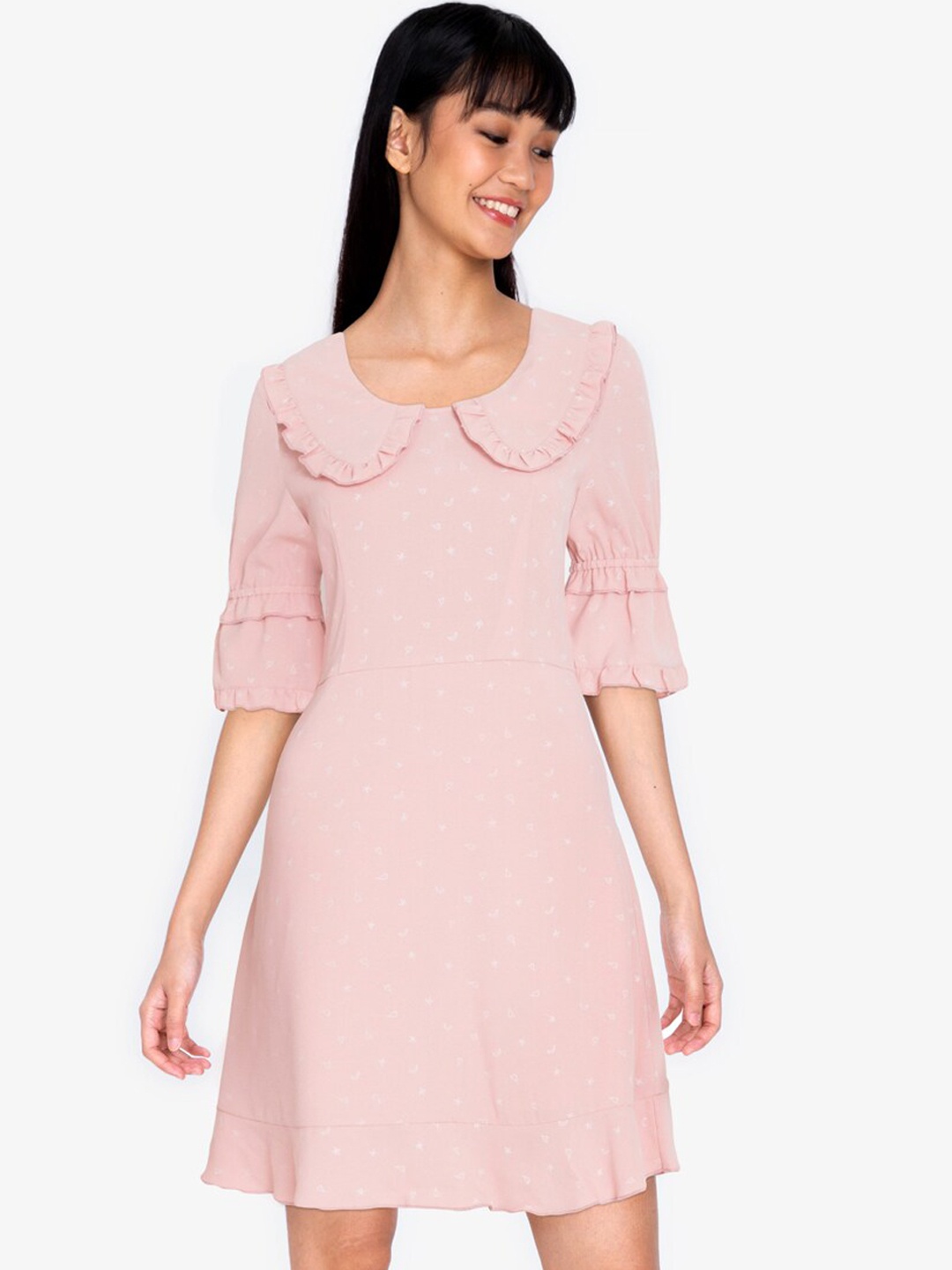 

ZALORA BASICS Pink Printed Frills A-Line Dress