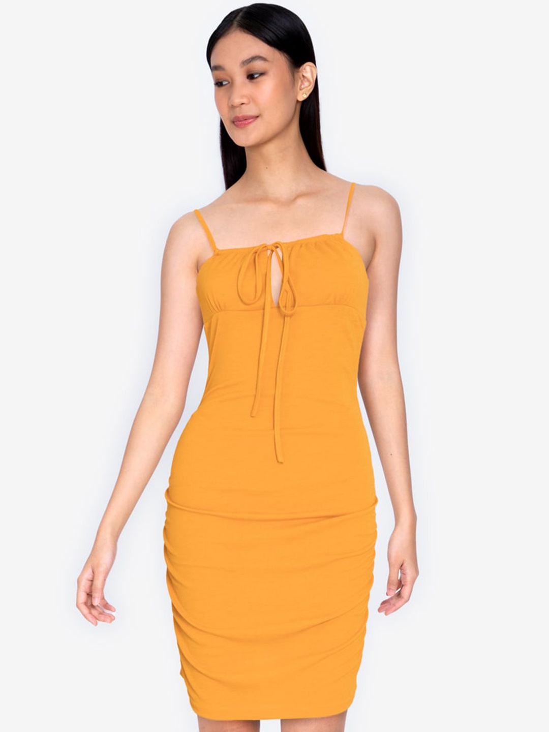 

ZALORA BASICS Yellow Ribbed Tie Front Bodycon Dress