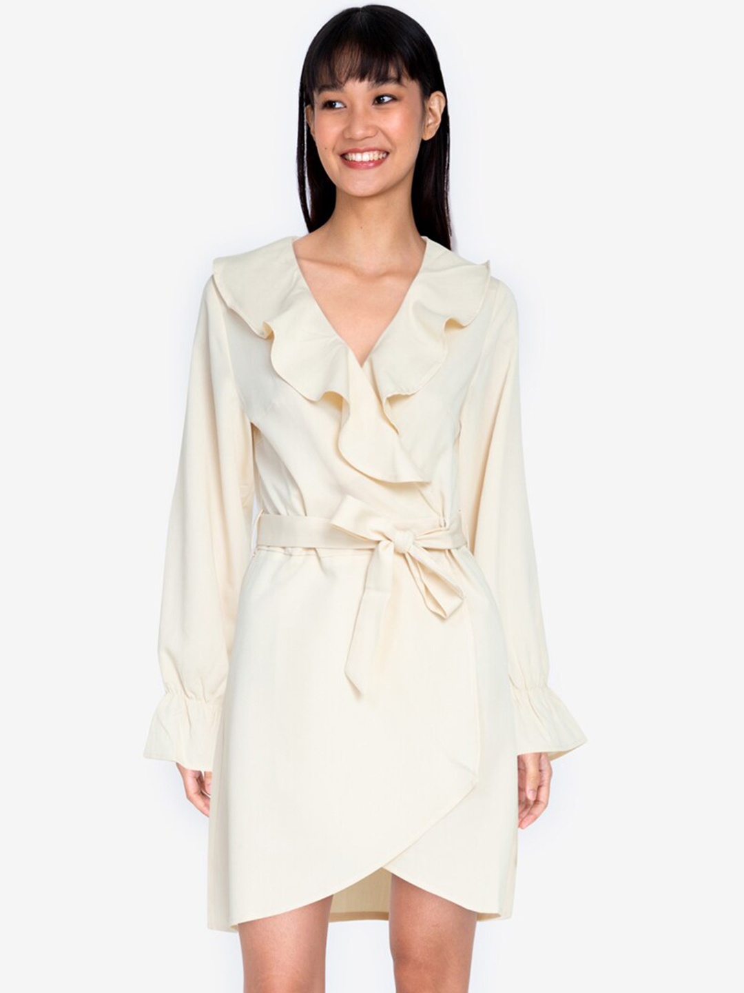 

ZALORA BASICS Women Beige Ruffled Neck Wrap Dress