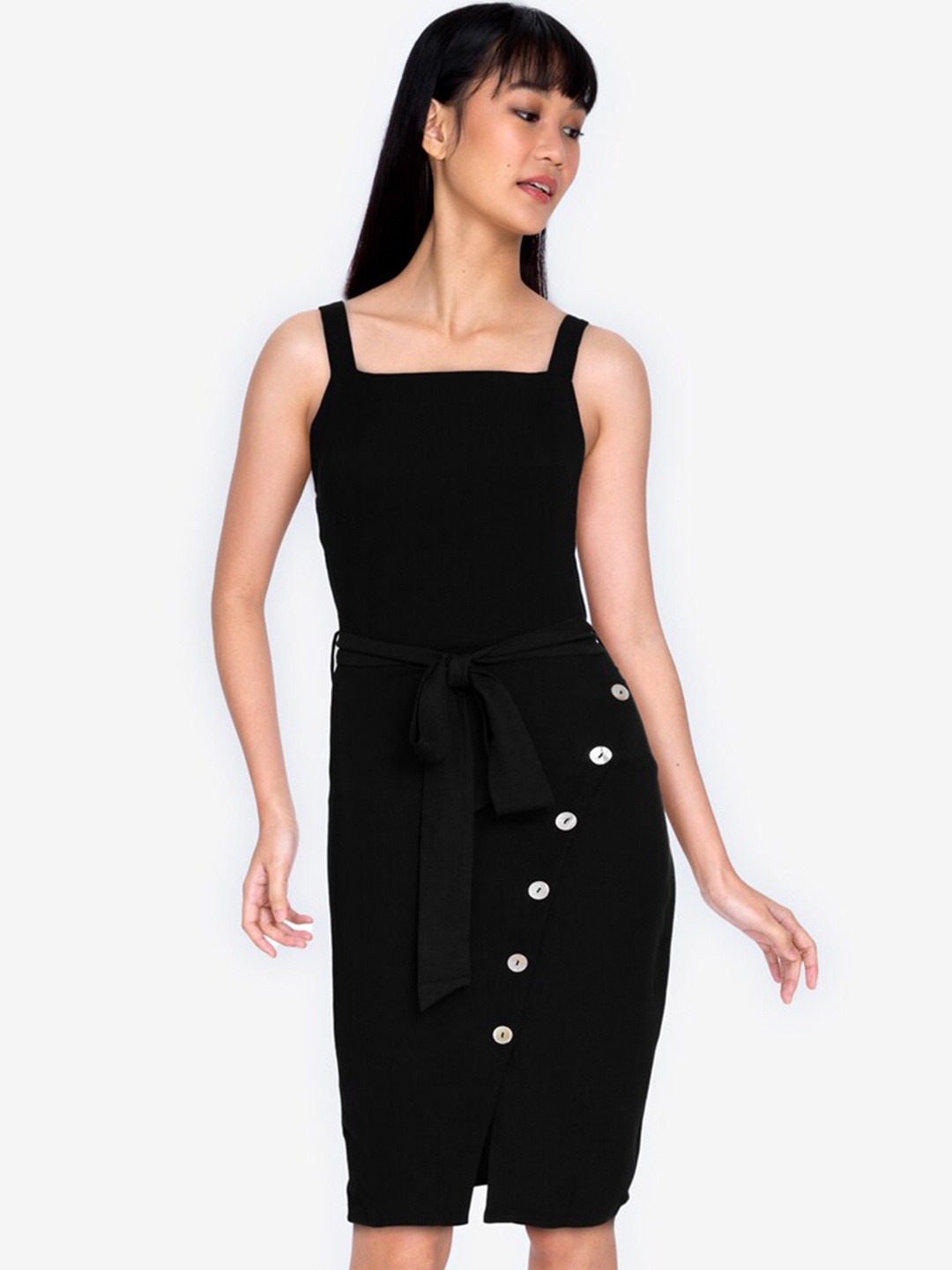 

ZALORA BASICS Women Black Button & Belt Detailed Bodycon Dress