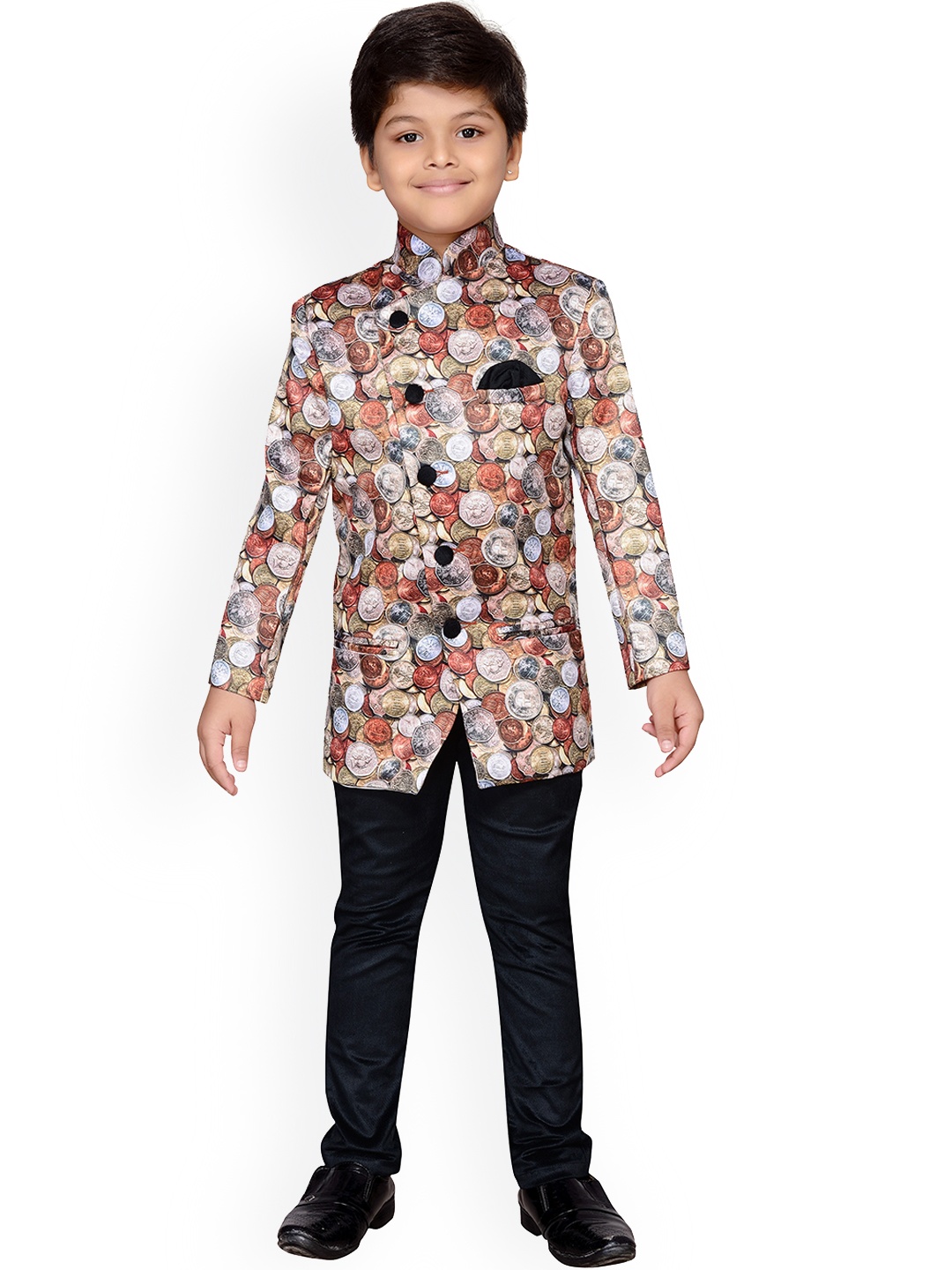 

Aj DEZInES Boys Rust-Orange & Black Printed Sherwani Set
