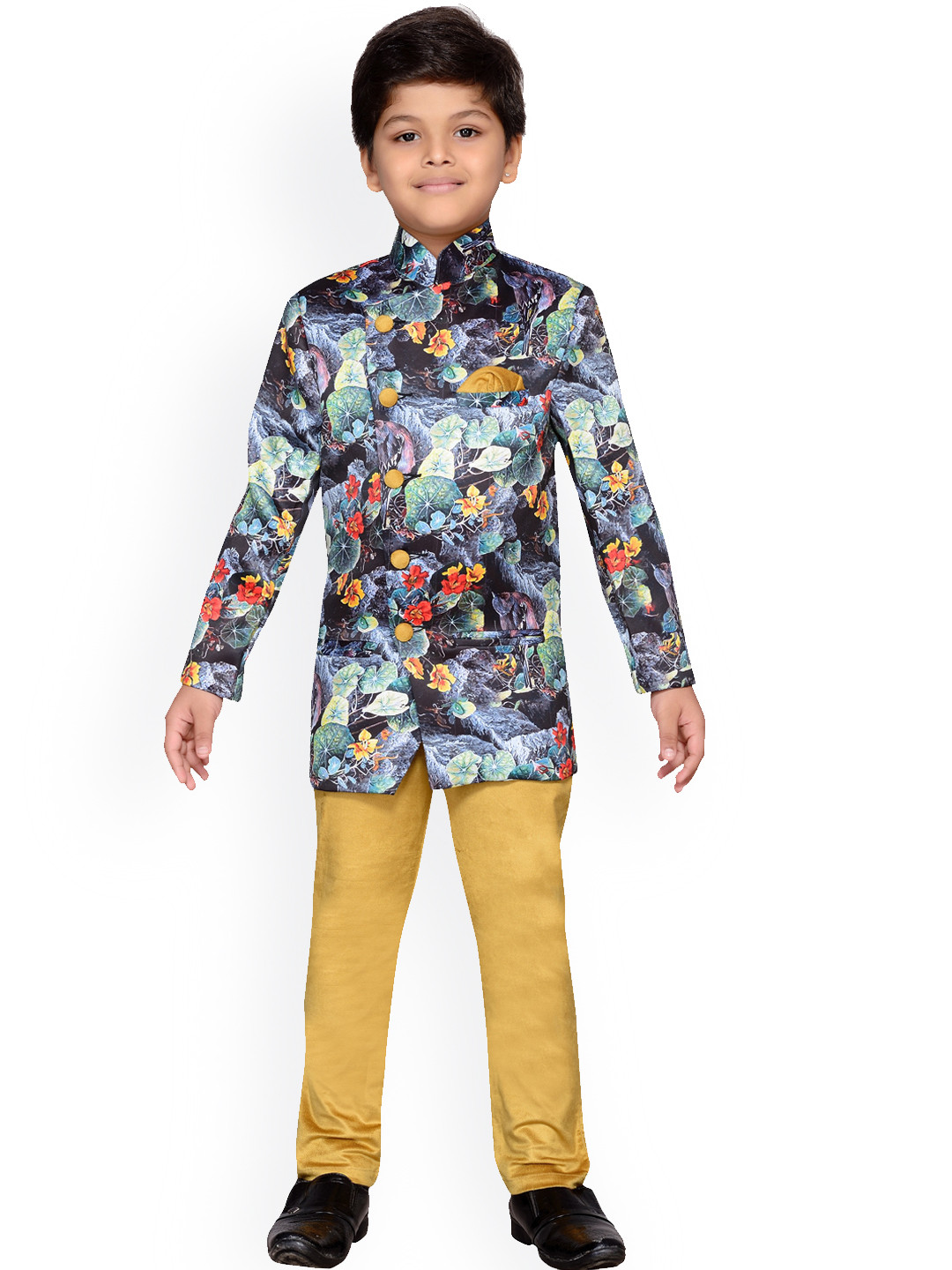 

Aj DEZInES Boys Beige & Blue Jhodpuri Blazer With Pant Set