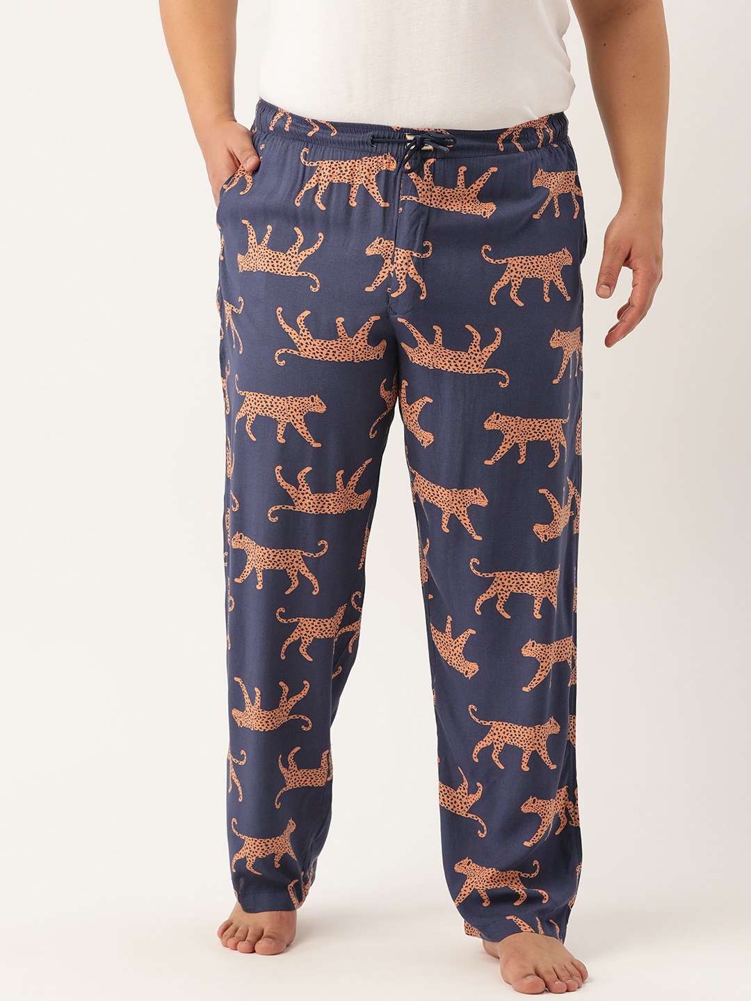 

Bene Kleed Plus Men Navy Blue & Orange Conversational Printed Lounge Pants