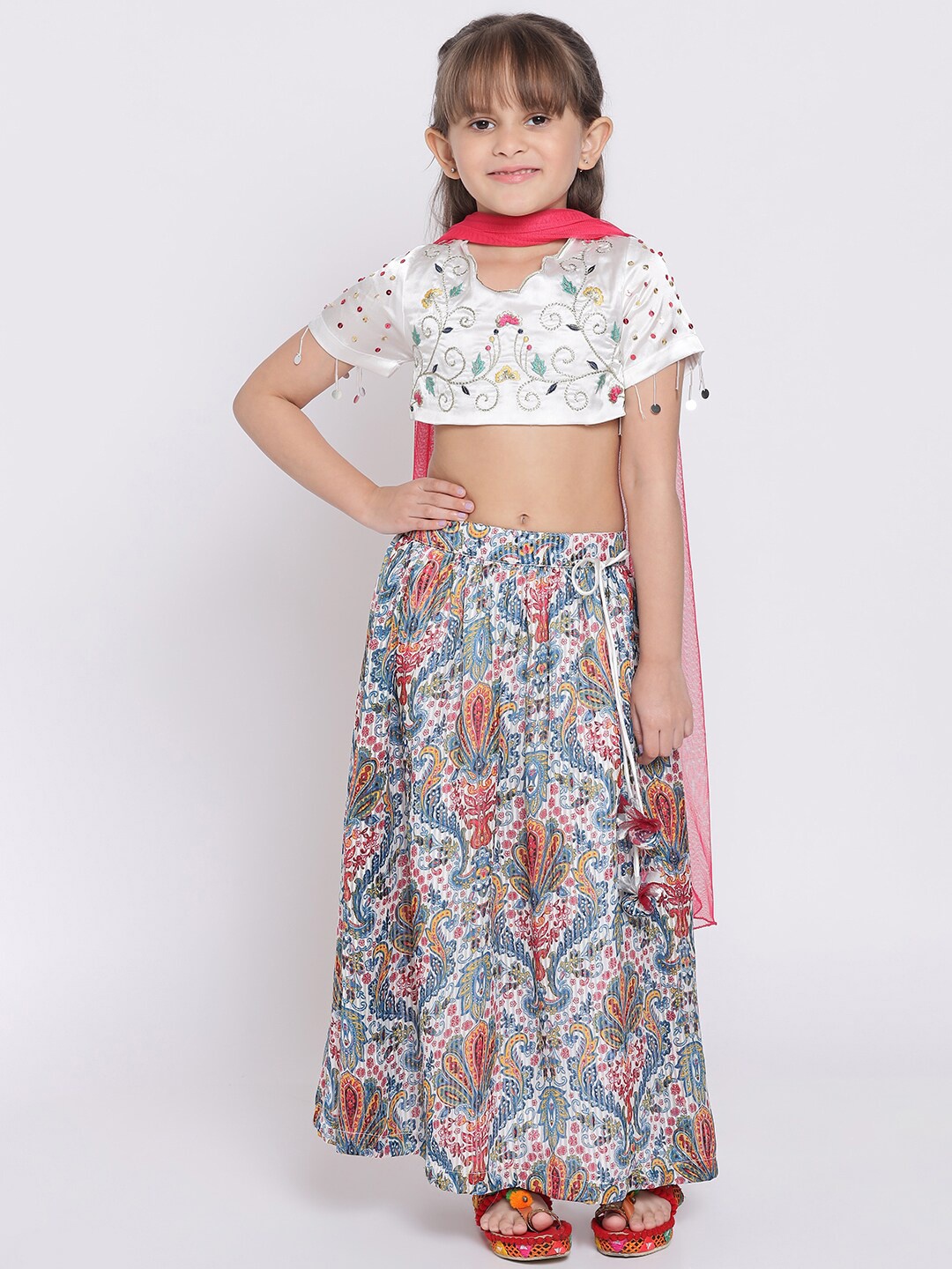 

Nauti Nati Girls White & Pink Embroidered Ready to Wear Lehenga & Blouse With Dupatta