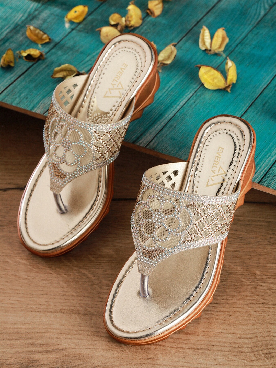 

EVERLY Women Gold-Toned Embellished Suede Wedge Sandals