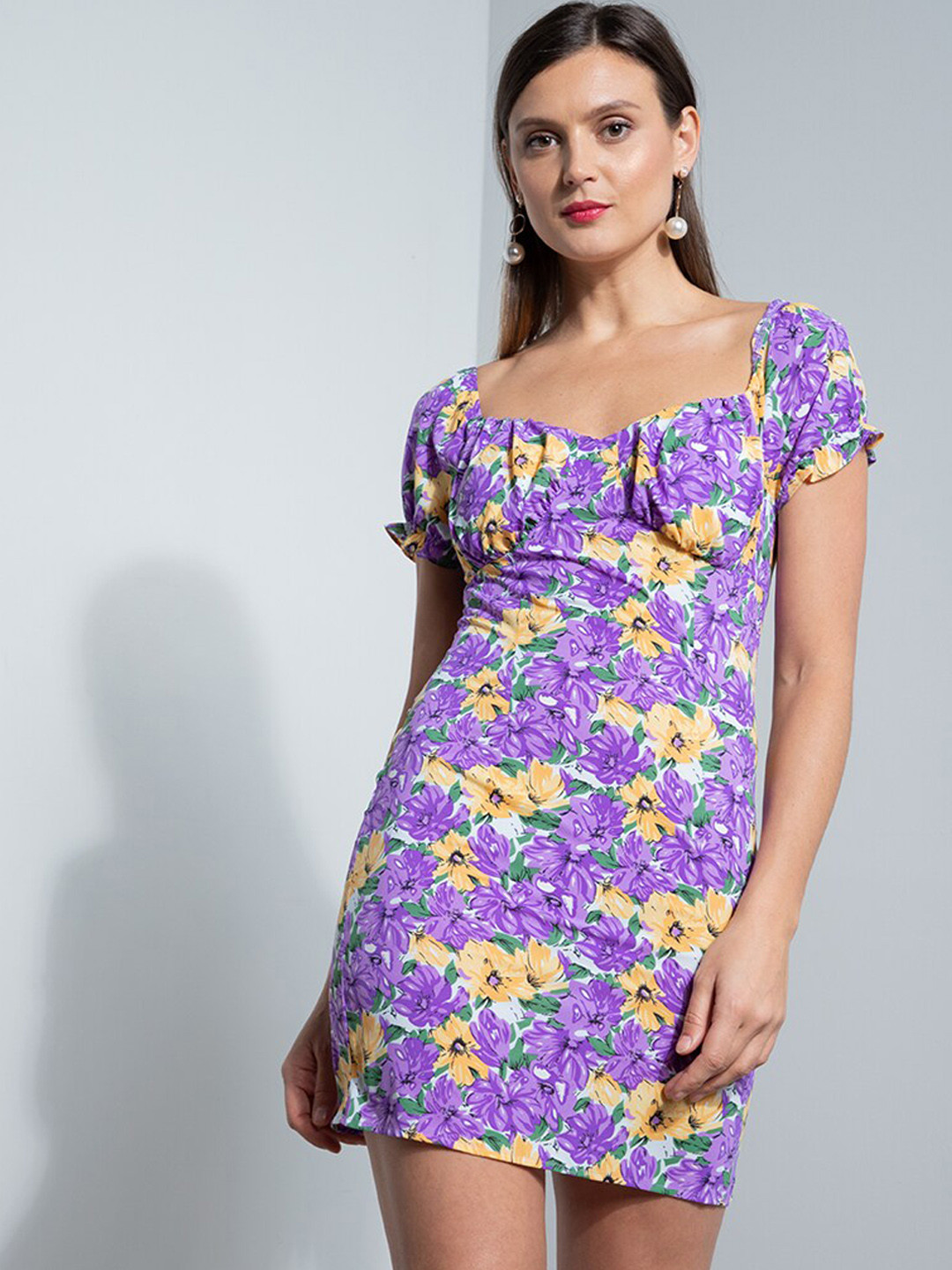 

ZALORA OCCASION Purple & Yellow Floral Bodycon Mini Dress