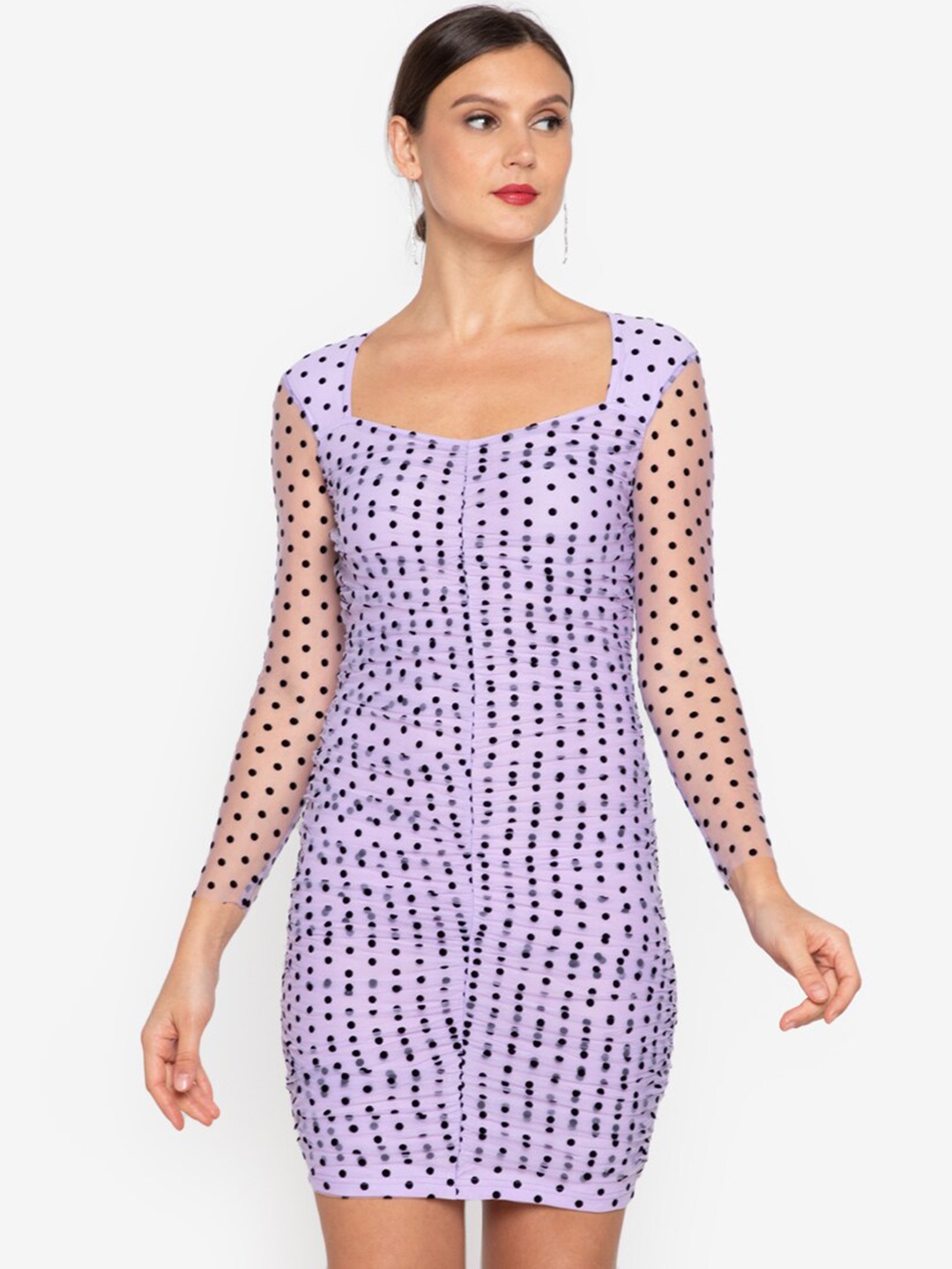 

ZALORA OCCASION Purple & Black Polka Dots Printed Ruched Bodycon Dress