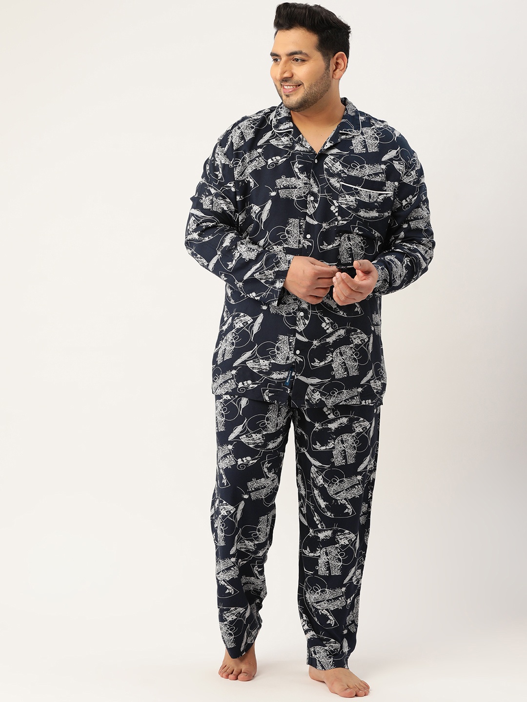 

Bene Kleed Plus Men Navy Blue & White Abstract Printed Pyjama Set